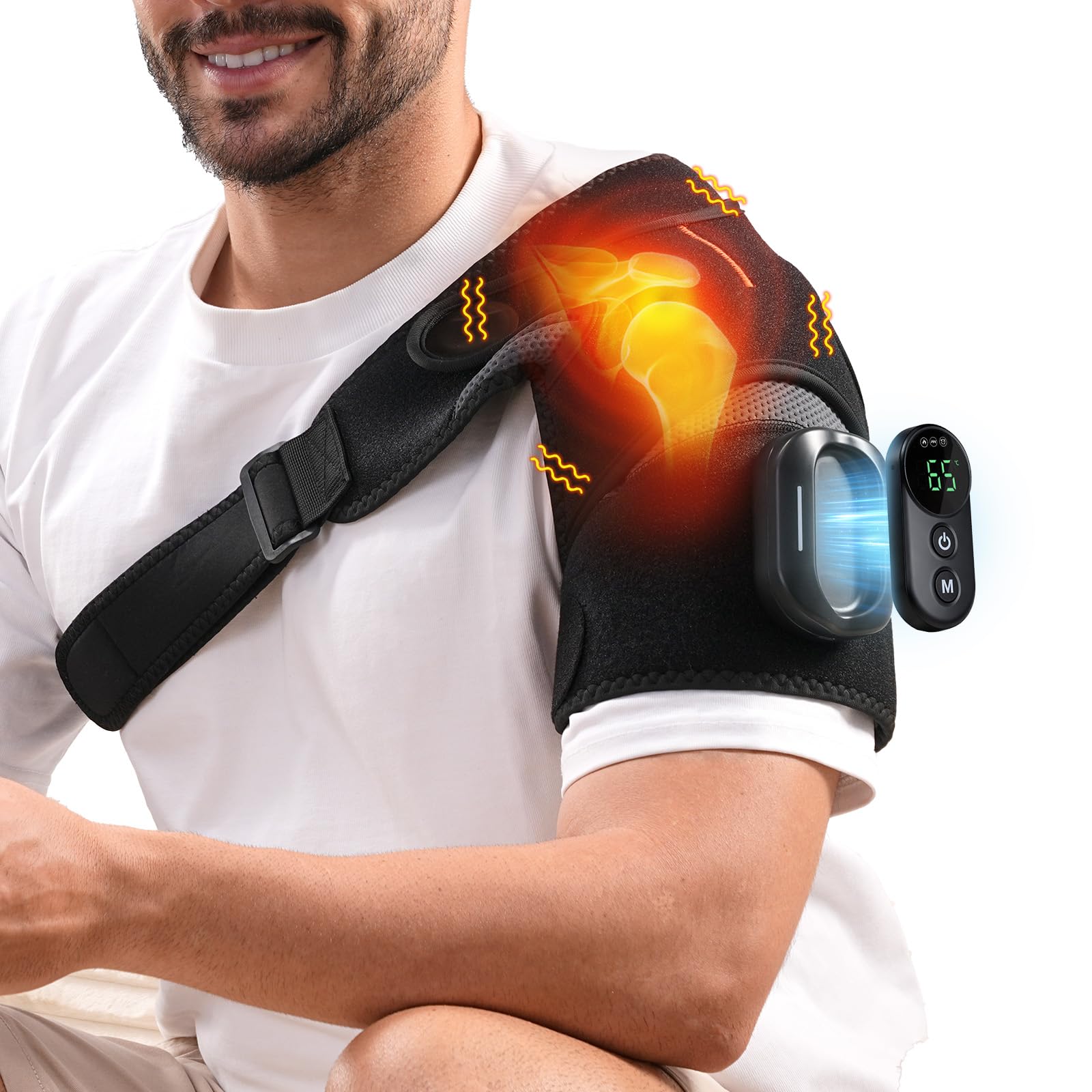 Cordless Shoulder Heating Pad with Detachable Remote 5 Heat and 5 Vibration Heated Shoulder Wrap Shoulder Brace Massager
