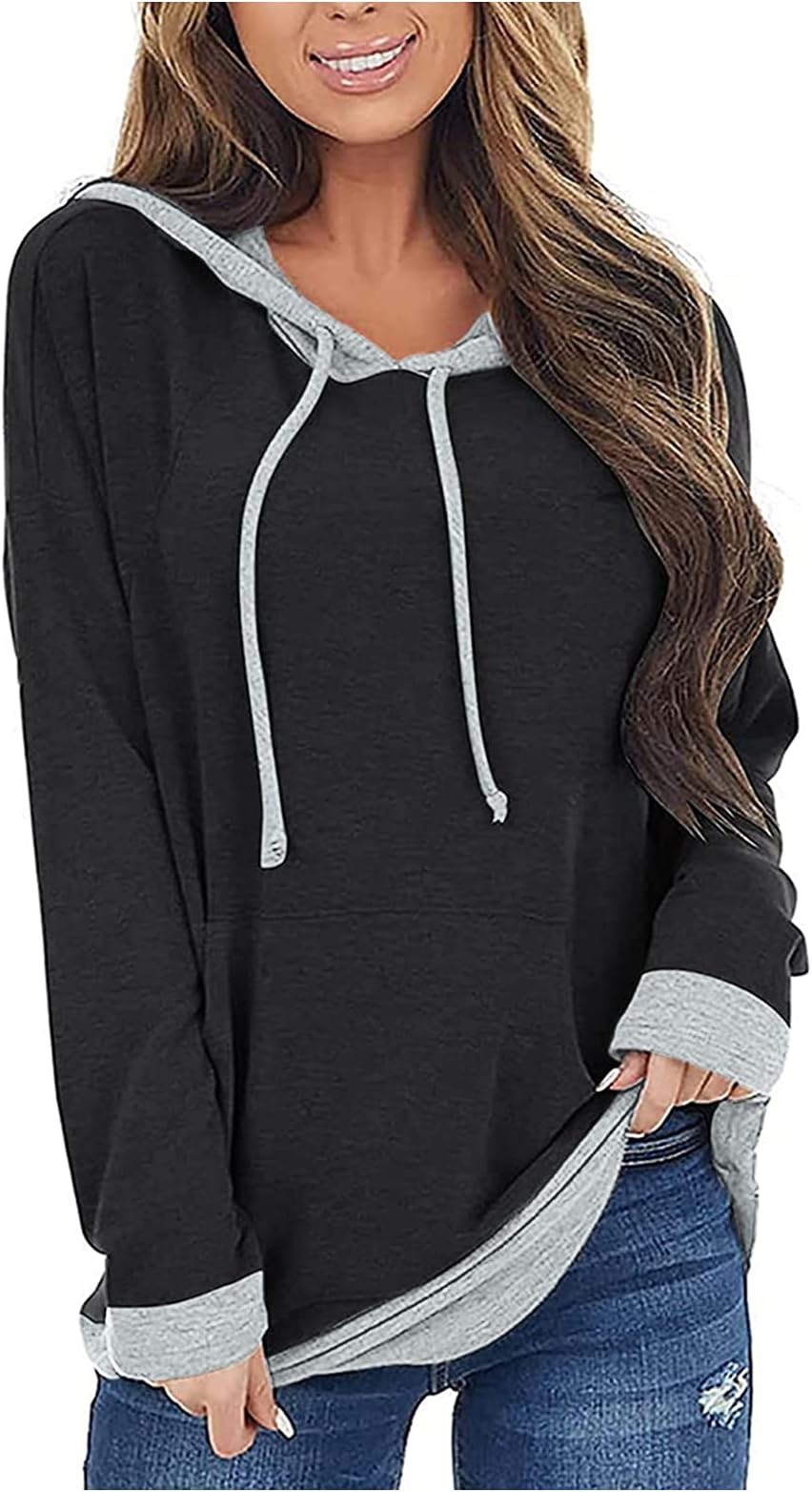 Women's Hoodies Pullover Drawstring Color Block Long Sweatshirt Casual Oversized Blouse for Fat Girl Y2K Streetwear