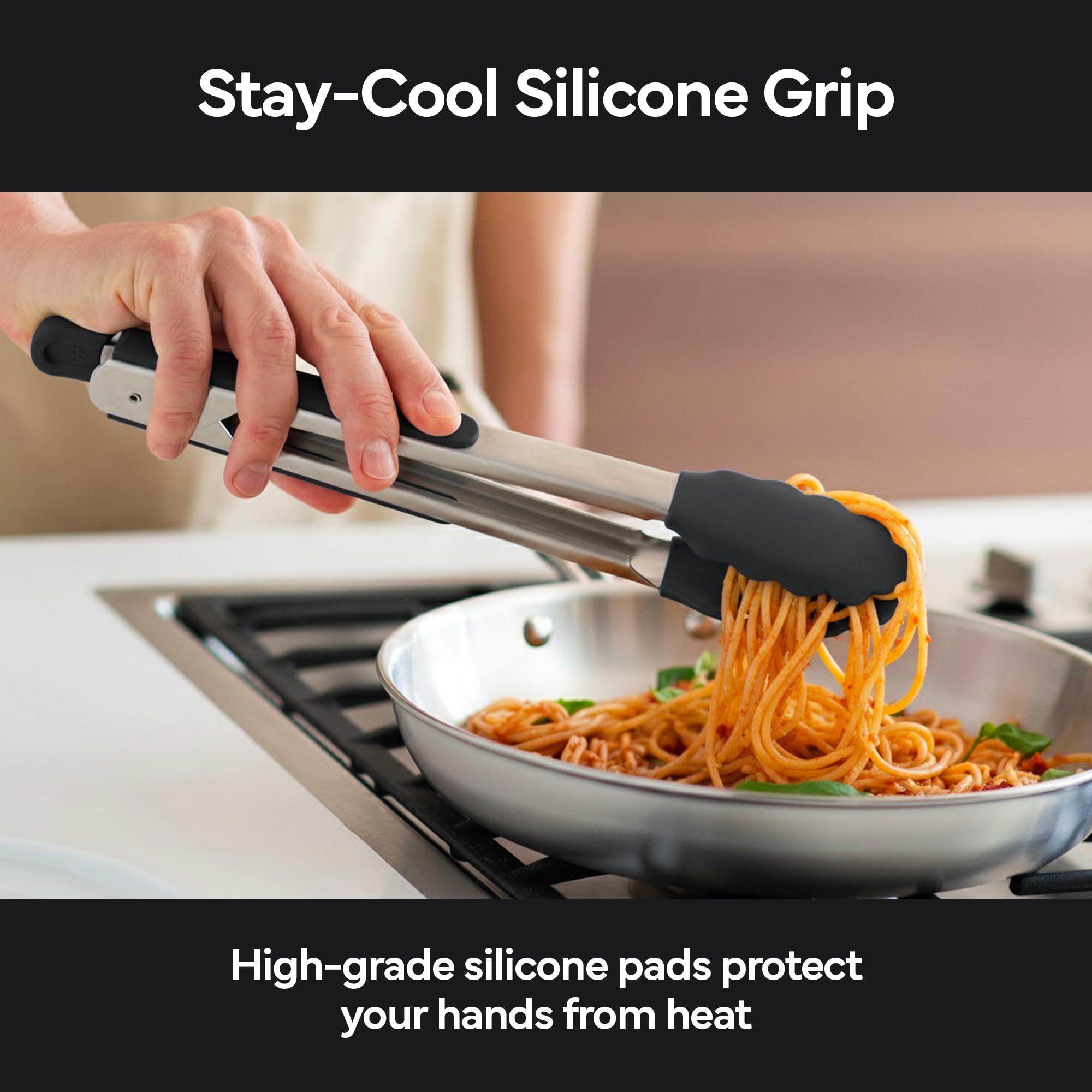 Misen Pinzas para cocinar con puntas de silicona – Pinzas de cocina de acero inoxidable – Pinzas para cocinar alimentos – 12 pulgadas – Negro