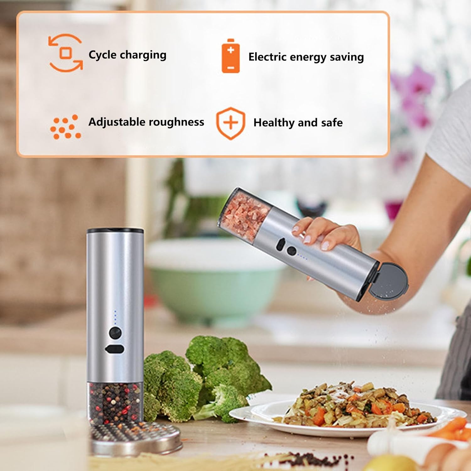 Rechargeable Electric Salt Grinder with White LED Light One Hand Operated Salt Shaker Adjustable Coarseness 120Ml Large Capacity Suitable for Restaurant, BBQ, Kitchen(White)