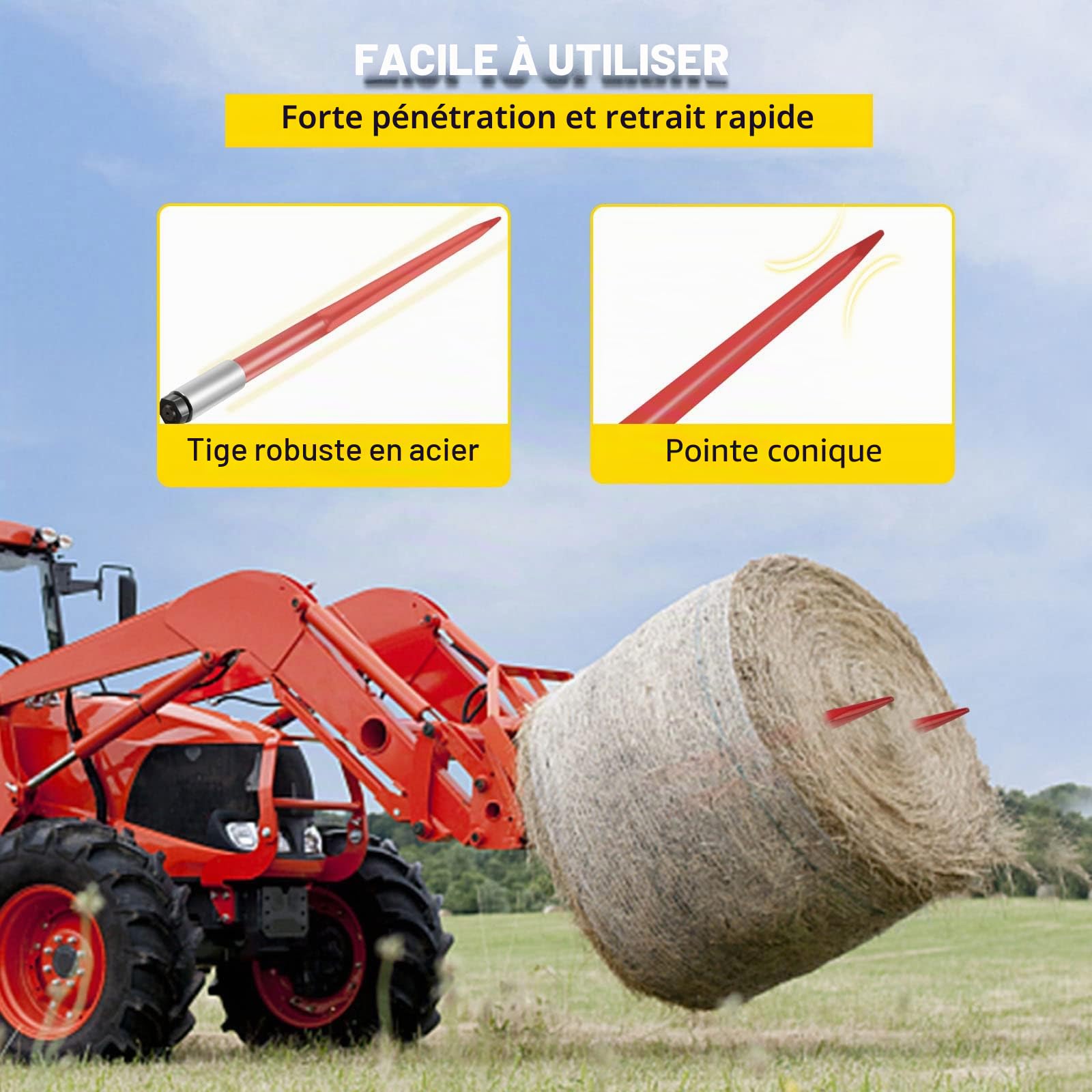 VEVOR Lance à foin, 110 cm, 2PCS lances à balles de foin carrée, pointe à balle fixation rapide, capacité 1360 kg, fourches à balle revêtement rouge, écrou hexagonal manchon pour tracteurs, chargeurs