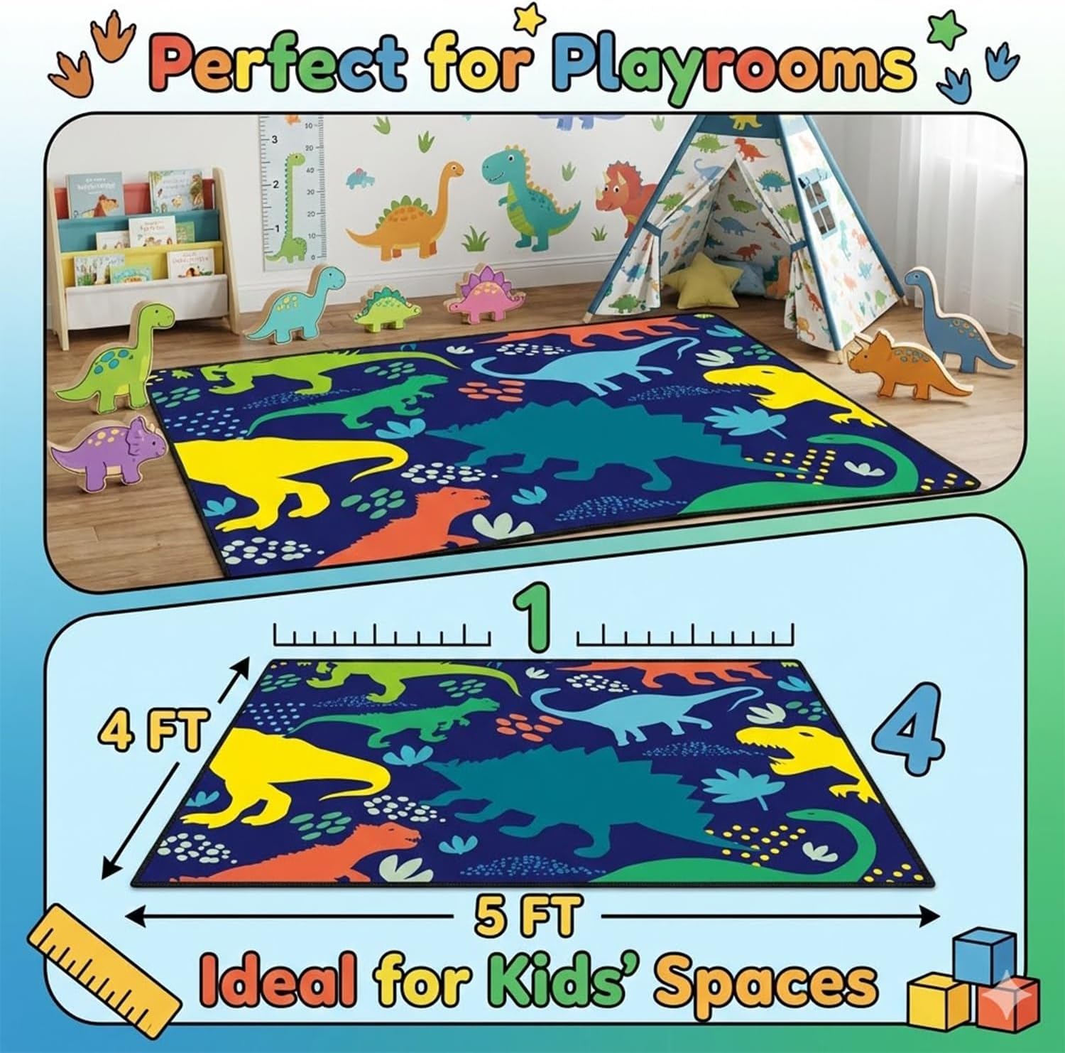 Dinosaur Rug - Dinosaur Rugs for Boys Bedroom Cartoon Dino Carpet for Boys Kids Room Decor Colorful Animal Carpet for Living Room Floor Mats, 4x5 Feet