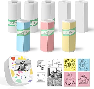 Self-Adhesive 8PCS Thermal Paper Roll AH-M2 Mini Printer, 3 Vibrant Colors & 5 White, for Portable Thermal Sticker Paper for Study Notes Printer Not Included