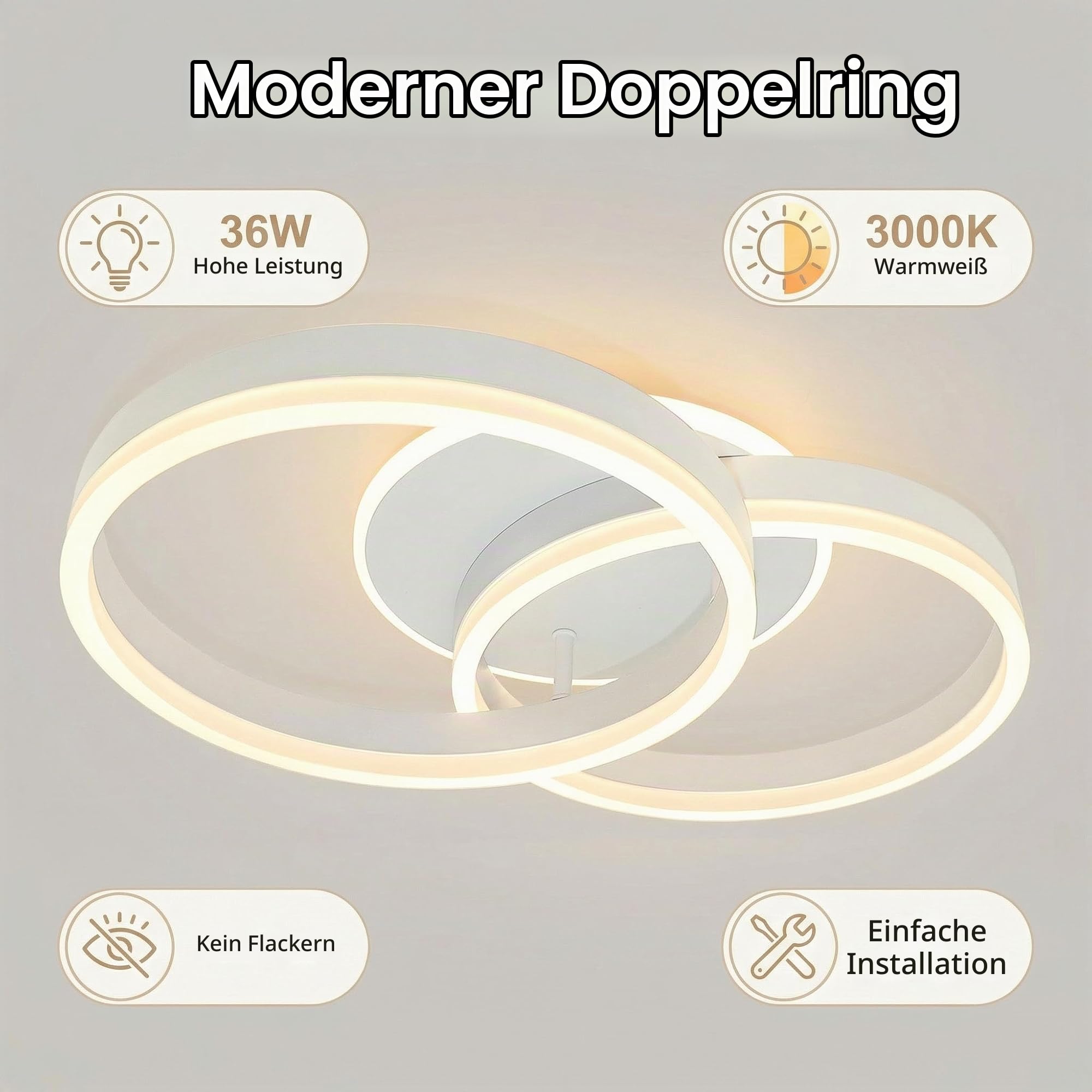 Moderne LED Deckenleuchte 36W, 50cm, 3000K Warmweiß, Doppelring-Design, Minimalistisch für Wohnzimmer, Schlafzimmer, Esszimmer, Flur und Büro