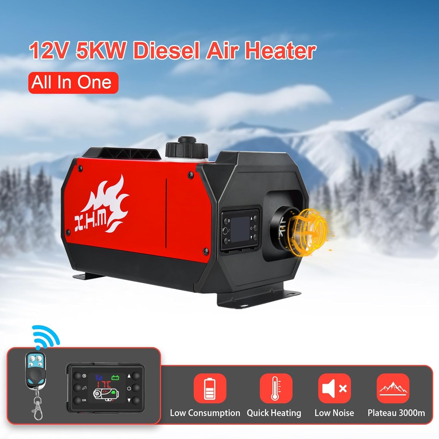SHAVINGFUN Calentador de Aire Diesel 12V 5KW Calentador de Combustible Calefacción Estacionaria Calentador Diesel Aire Calentador de Estacionamiento Control Remoto con Interruptor LCD (One Body Red)