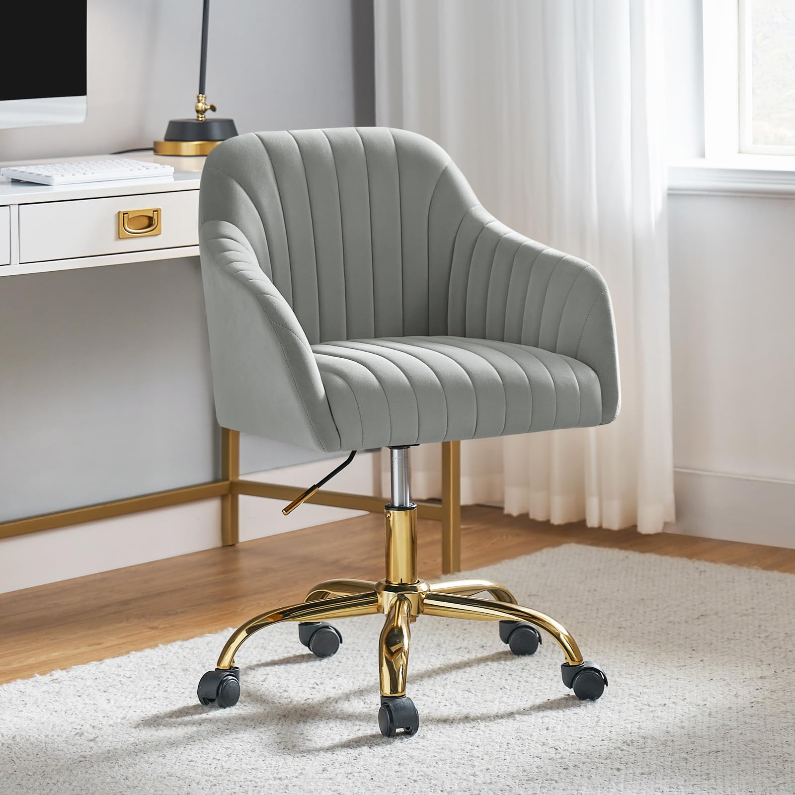 HULALA HOME Chaise de Bureau en Velours, Chaise Coiffeuse Ergonomique, Fauteuil de Bureau à Dossier Bas Réglable, Fauteuil Coiffeuse Roulette Doré, Bureau, Chambre, Gris