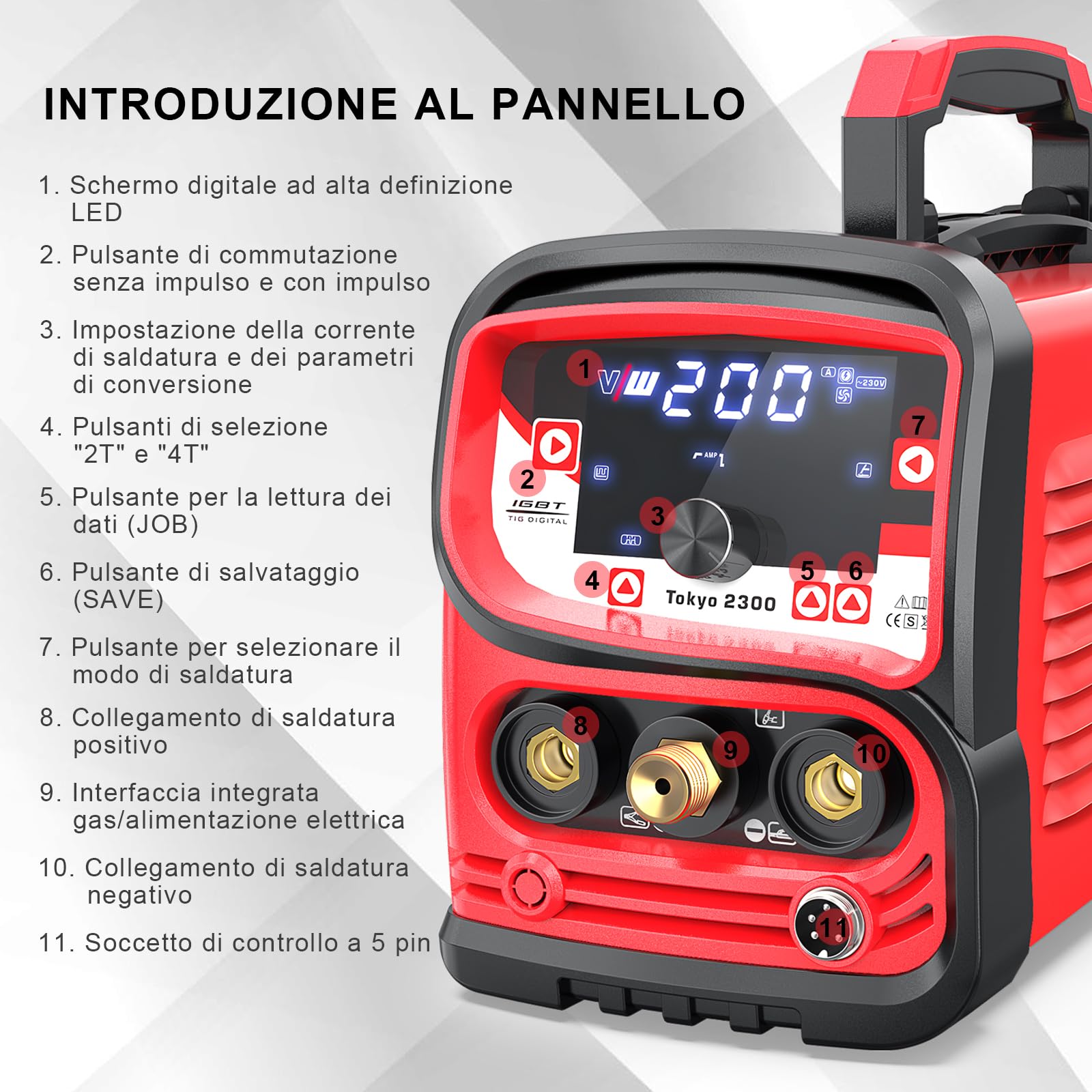 Saldatrice TIG 200A DC con Funzione Impulso e IGBT, MMA, Daldatore TIG con Grande Display LED, Avvio a Caldo, Arc Force e Nove Slot di Memoria, Tokyo 2300 - Vector Welding