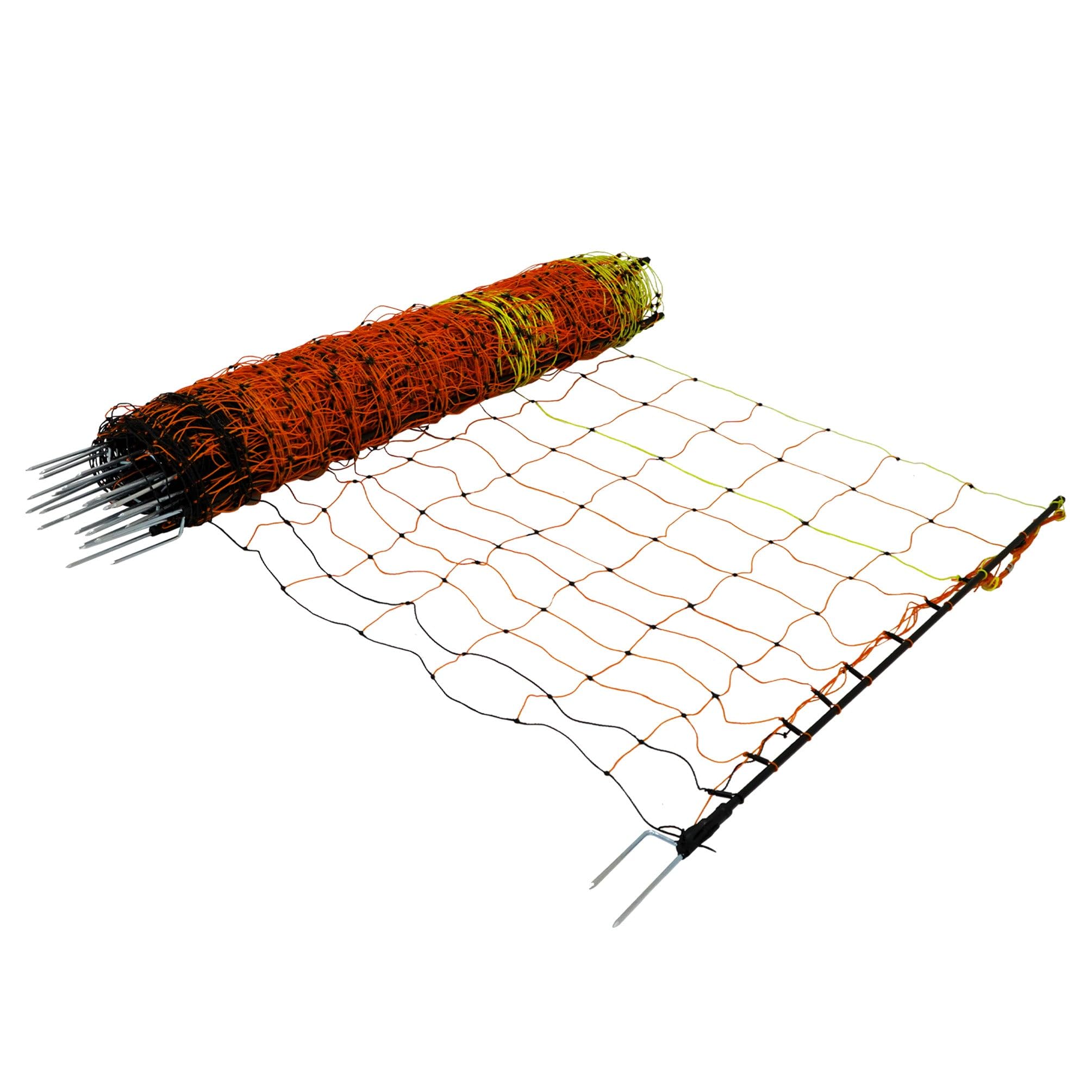 Malla Eléctrica para Aves de Corral 50m Conductora | 1.2m de Altura | Polietileno con Alambre de Acero Inoxidable | 14 Estacas Dobles + 10 Estacas de Tierra extra | Kit de Reparación INCLUÍDO