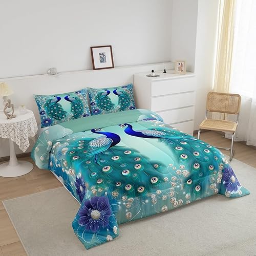 Miniatura 2 de Juego de edredón de pavo real, edredón bohemio de plumón exótico, pájaros exóticos, juegos de ropa de cama de plumas azul marino, verde azulado,