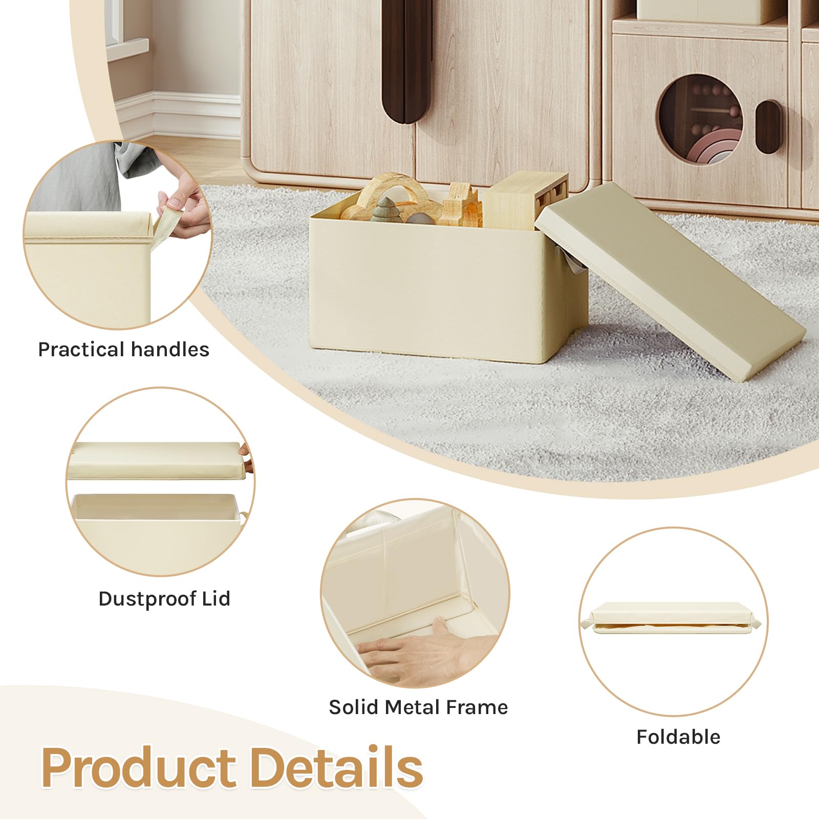 WOLTU 6 Piezas Cajas Organizadoras de Tela, Cestas Plegables para Guardar Ropa y Juguetes, con Tapa y Asas, Crema, 43x26x33cm | Hecho de tela de poliéster para dormitorio, estudio, sala de estar, caja organizadora con asas, plegable,