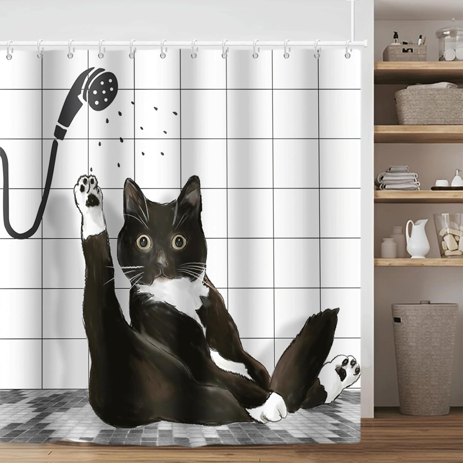 Funny Cat Shower Curtain Set Black White Cute Kitten Taking Shower Design Shower Curtain for Bathroom Kids Polyester Waterproof Bathroom Decoration with 12 Hooks, 72x96in