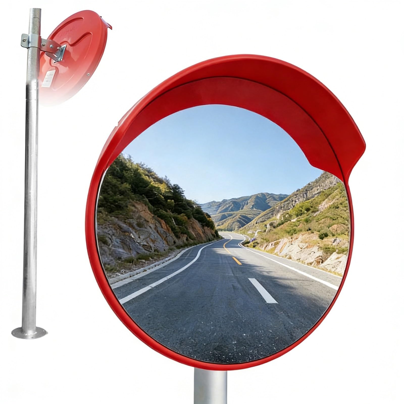 Miroir de sécurité convexe avec poteau de 2 m, rétroviseur grand angle, surface en polycarbonate et boîtier en ABS pour la sécurité des routes, parkings, allées et espaces(55cm)