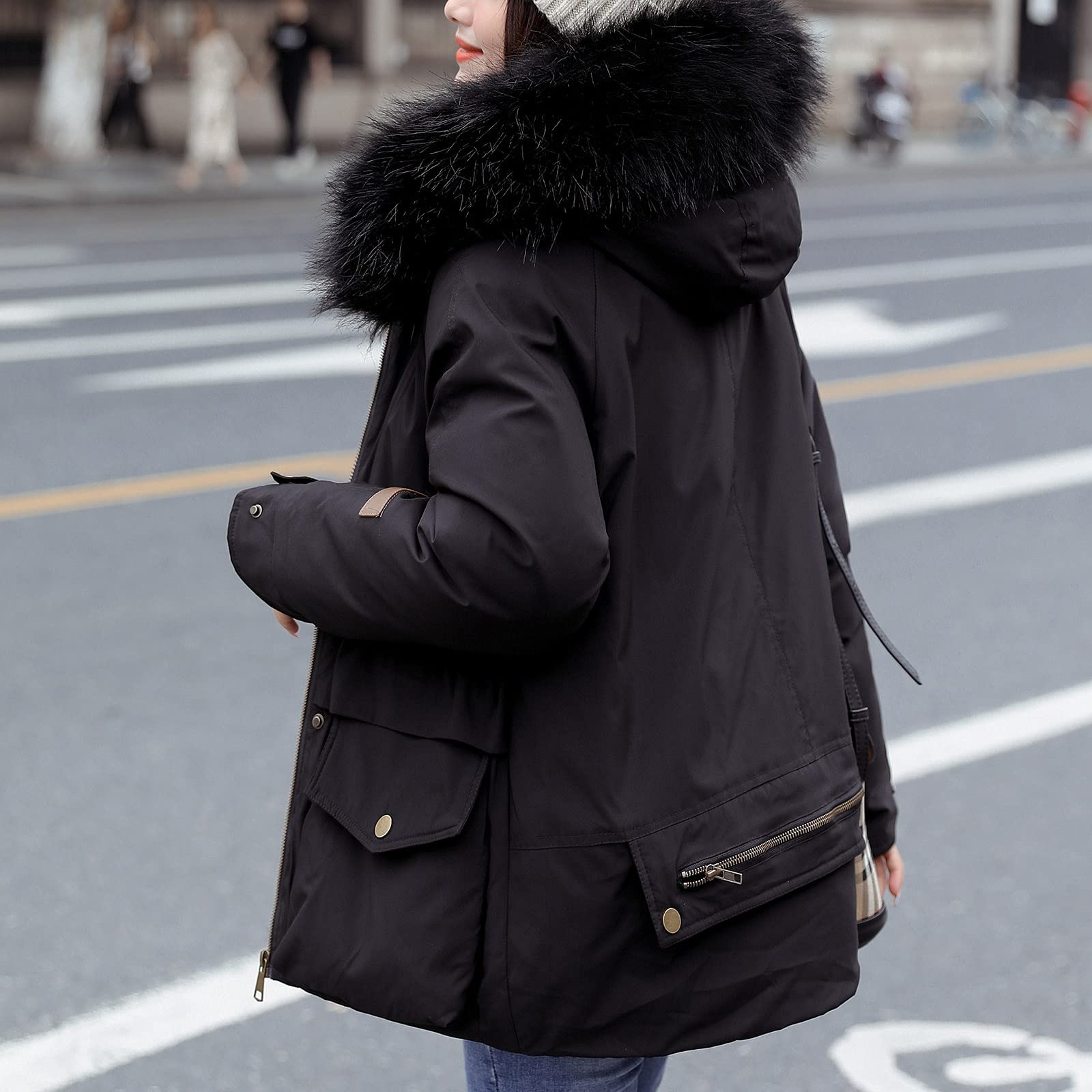 Chaqueta de invierno para mujer, moderna, cálida, acolchada, cortavientos, de piel sintética, parka con capucha, bolsillo corto, parka para exteriores, cortavientos, M - XXL