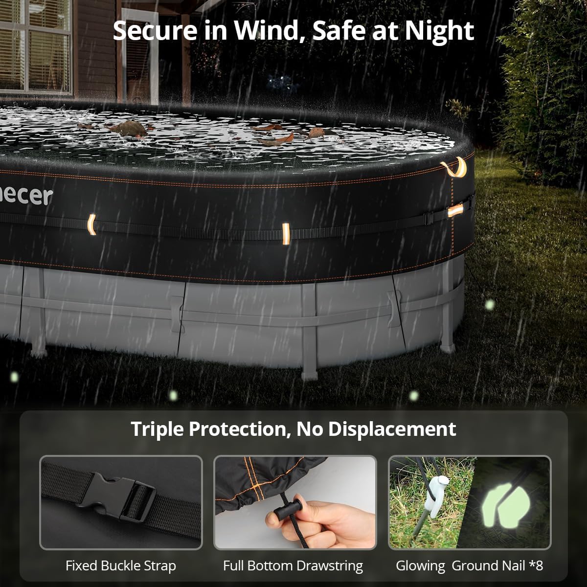 Rectangular Pool Cover with Reflective Strips, Rectangle Pool Cover for Above Ground Pools, Oval Solar Pool Cover with Drawstring, Luminous Ground Nails, PU Coated(7x13 FT, Black)