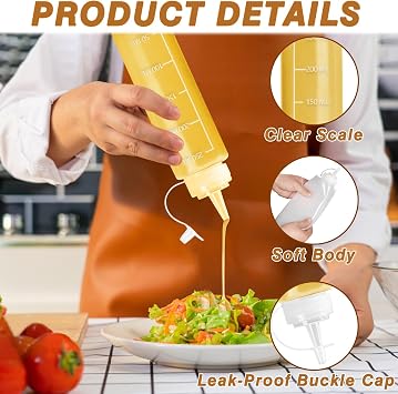 Squeeze Bottle, 4 Pack Squeezy Sauce Bottles, 250ml /8 oz Plastic Bottles with Lids, Reusable Liquid Container, Seasoning Dispensers for Hot Sauce, Salad, Sauce, Ketchup, Mustard, Oil(B)