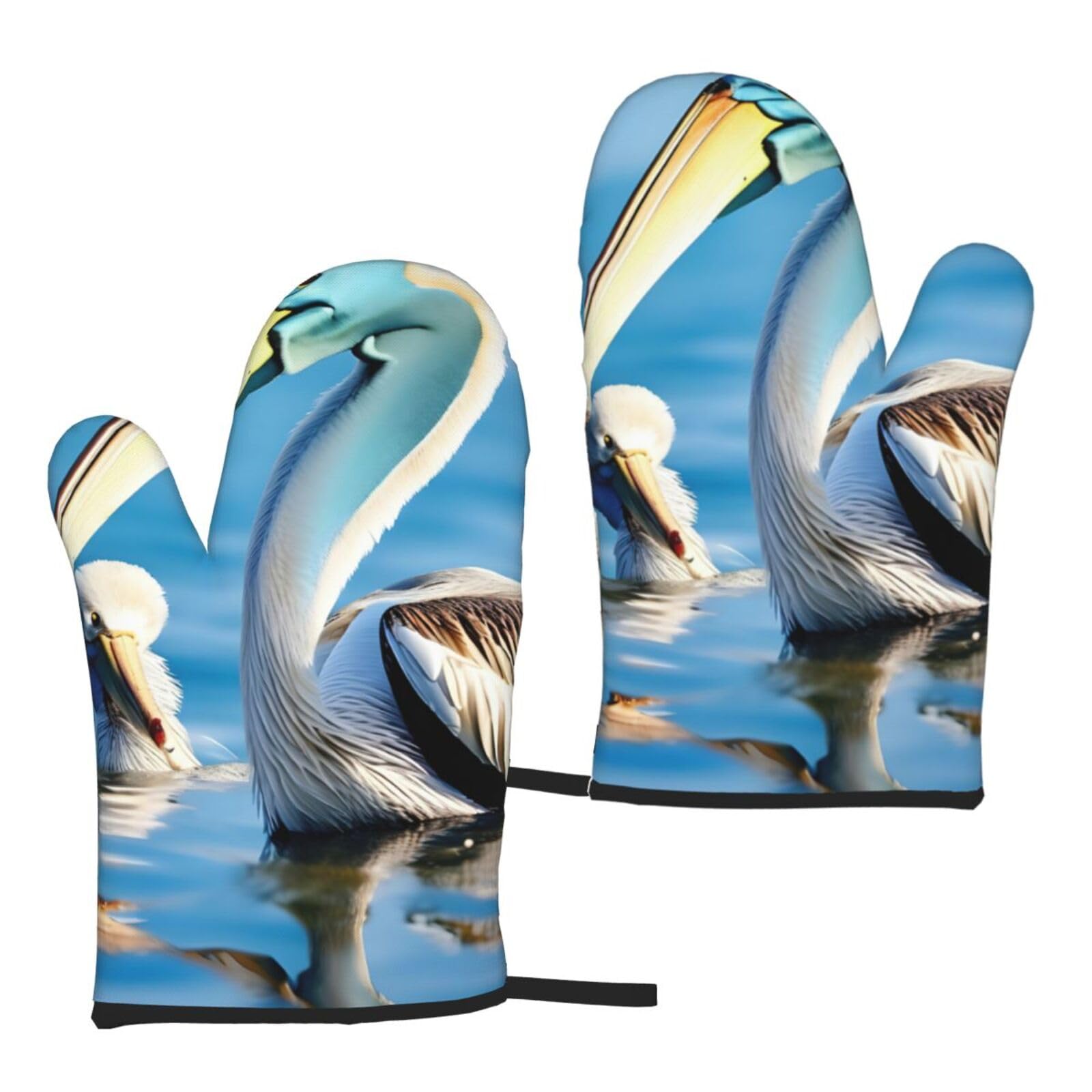 Nimongt Women's Black Pelican Bird Blue Sea Sky Print Adults Universal Fit Heat Resistant Oven Gloves Reusable Cooking Outdoor Grilling
