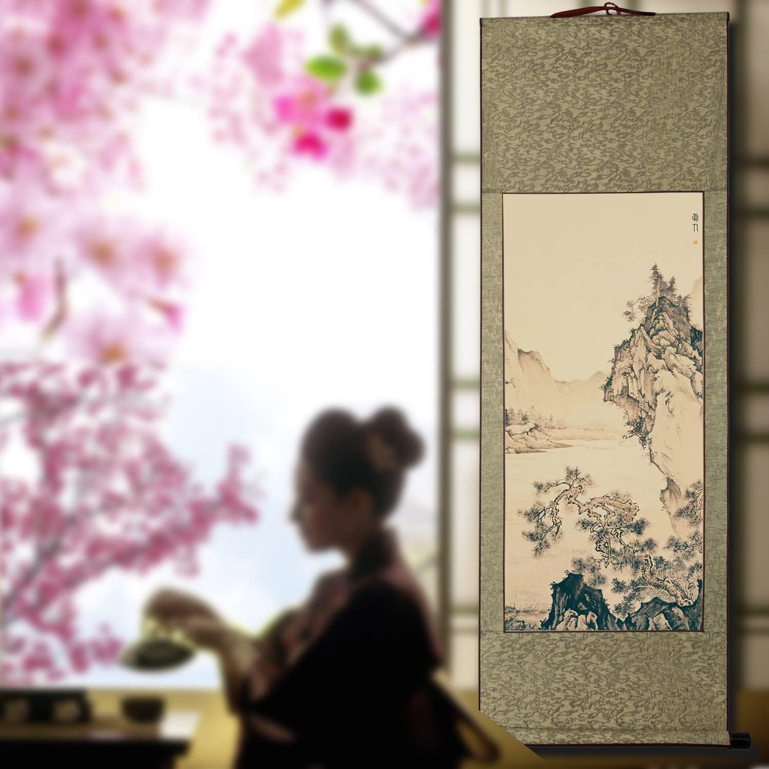 画家手描き 掛軸 掛け軸 おしゃれ 水墨山水画 帰隠図 蒼山水明 山河幽寂 鈴村秀山 秋冬山水図 悠景山水 渓山 亭台楼閣 民家 水