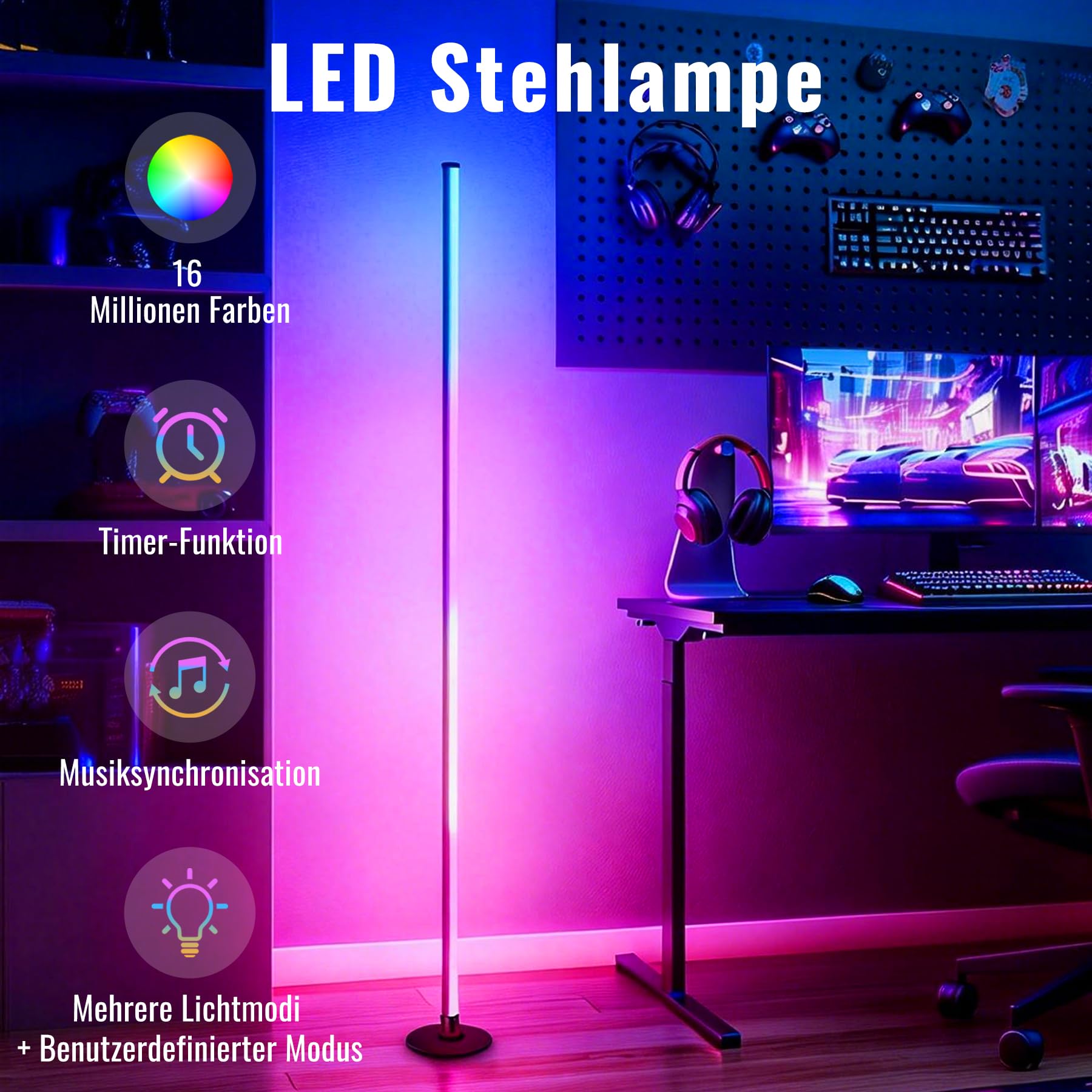 sylvwin - Lámpara de pie LED, lámpara de esquina LED RGB con control por aplicación y mando a distancia, sincronización musical, lámpara de pie RGB con mando a distancia, 16 millones de colores, sala