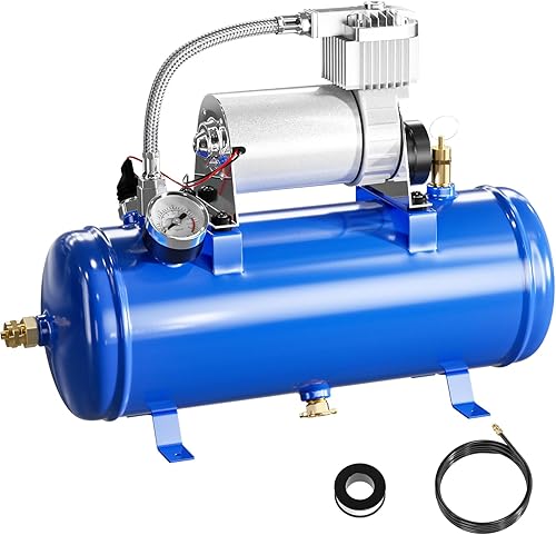 Compresor de aire 150PSI 12V con tanque de 1.59 galones, bomba de 6L para bocina de camión de tren, compresor a bordo, azul