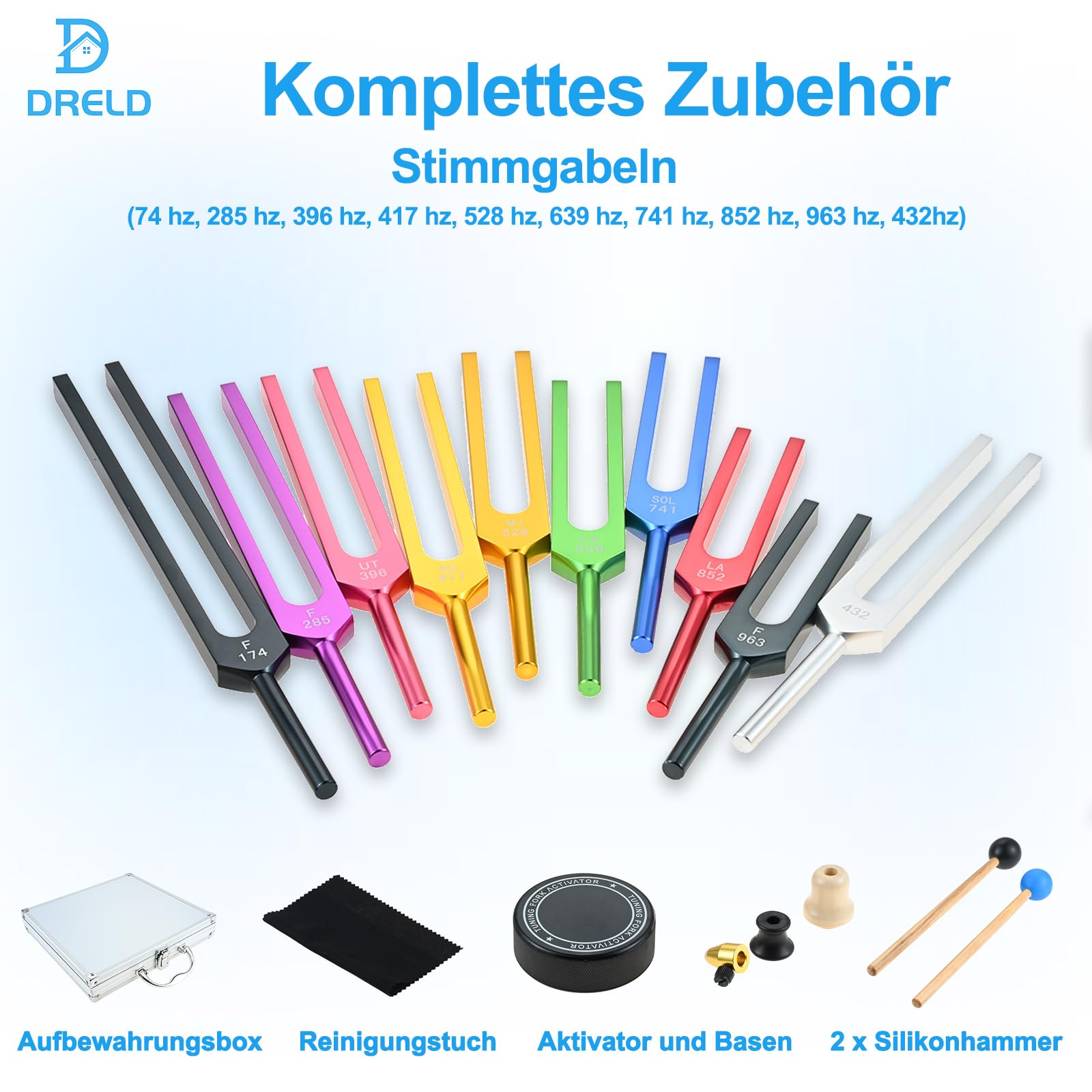 DRELD Stimmgabel,Stimmgabel Neurologie,10er Set (174 Hz, 285 Hz, 396 Hz, 417 Hz, 432 Hz, 528 Hz, 639 Hz, 741 Hz, 852 Hz, and 963 Hz), für Klangtherapie Gewichtete Stimmgabel Geeignet Meditation