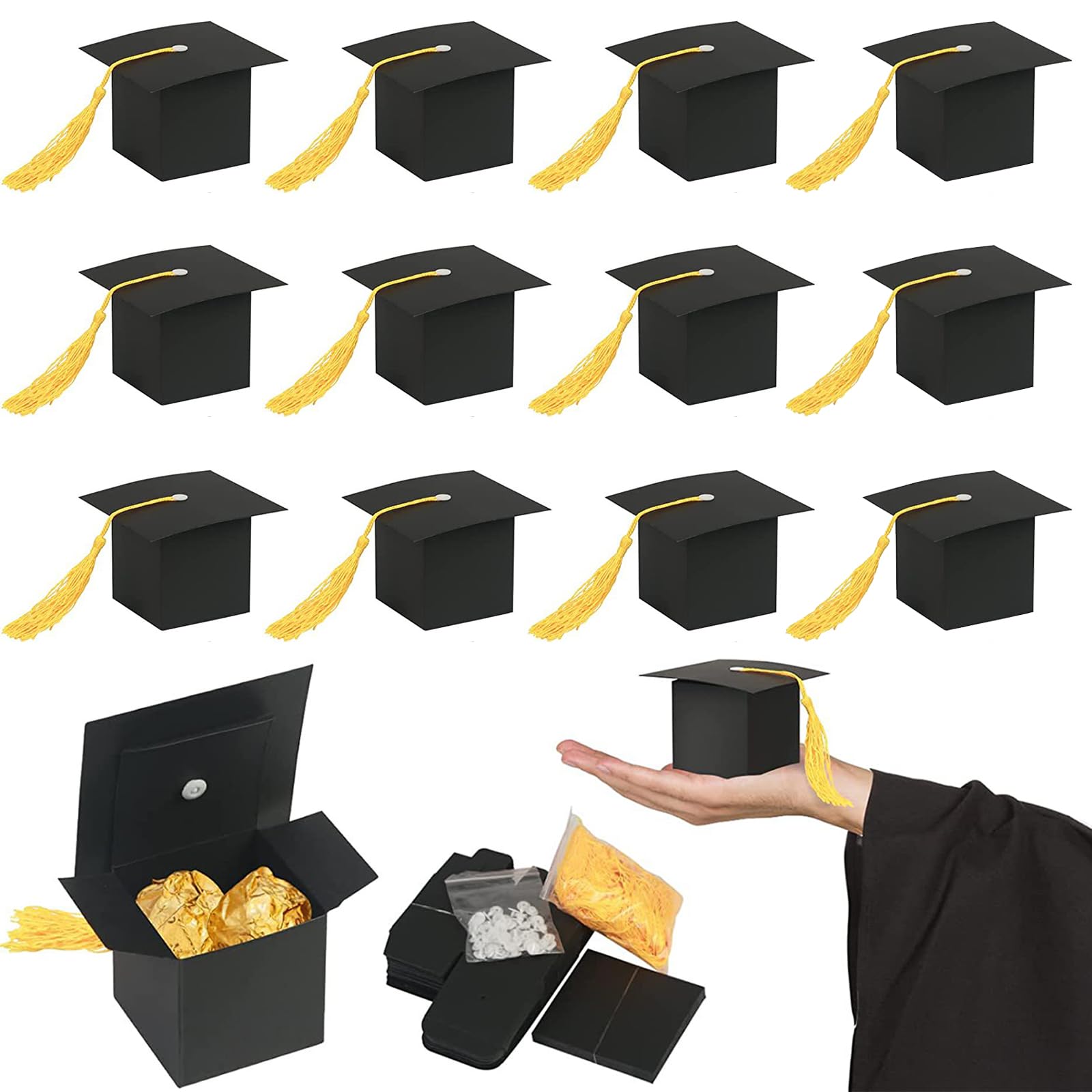 Graduation Decorations Candy Box,12PCS Cap Shaped School Leavers Gifts Storage Bag,Graduation Hats for Kids Students Class of 2025 Leavers End of Term Gifts Favour Boxes from Teachers
