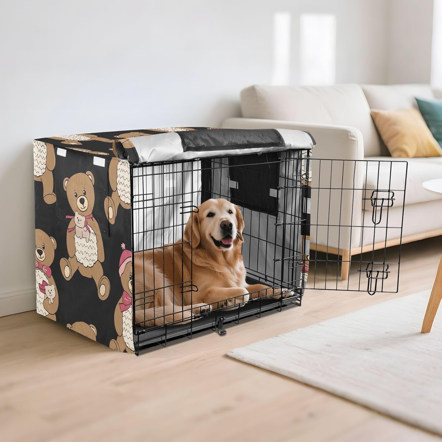 Cute Teddy Bears Black Dog Crate Covers Easy to Install, Pet Kennel Cover with Mesh Windows, X-Large