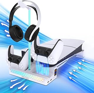 Sehawei Soporte para PS5 Slim con Ventilador de 2 Velocidades, Cargador para Mando PS5 con Luz LED, Soporte PS5 Horizontal con 2 Puertos USB y holder headphone para PS5 Slim Consola