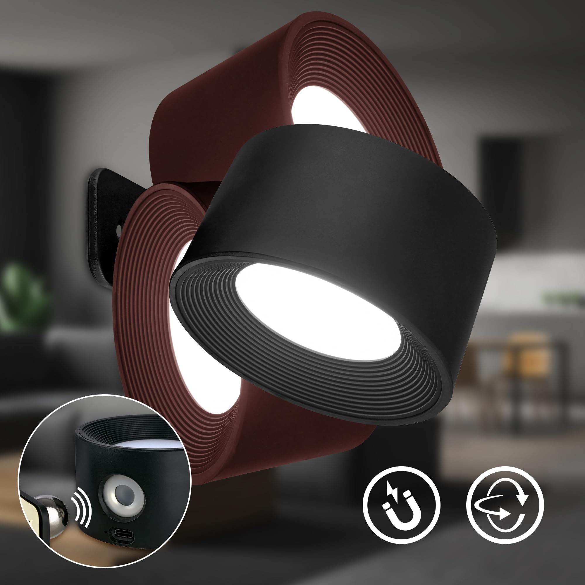 BRILONER - Lampa ścienna bez przyłącza prądu z akumulatorem, magnetycznie zdejmowana, obracana o 360 stopni, możliwość ściemniania, CCT, kinkiet wewnętrzny, lampa ścienna, lampa do łóżka, lampka do
