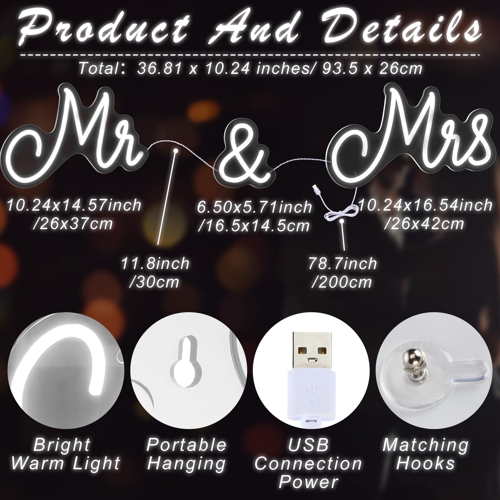 Letrero de neón para boda, luz de neón LED, telón de fondo para decoración de pared, letrero USB Mr and Mrs, decoración de recepción de boda, regalos para aniversario, banquete de compromiso
