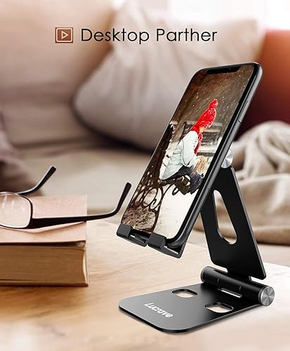 Miniatura 2 de Soporte para teléfono celular, soporte de teléfono de escritorio ajustable actualizado, totalmente plegable, compatible con funda gruesa, aluminio