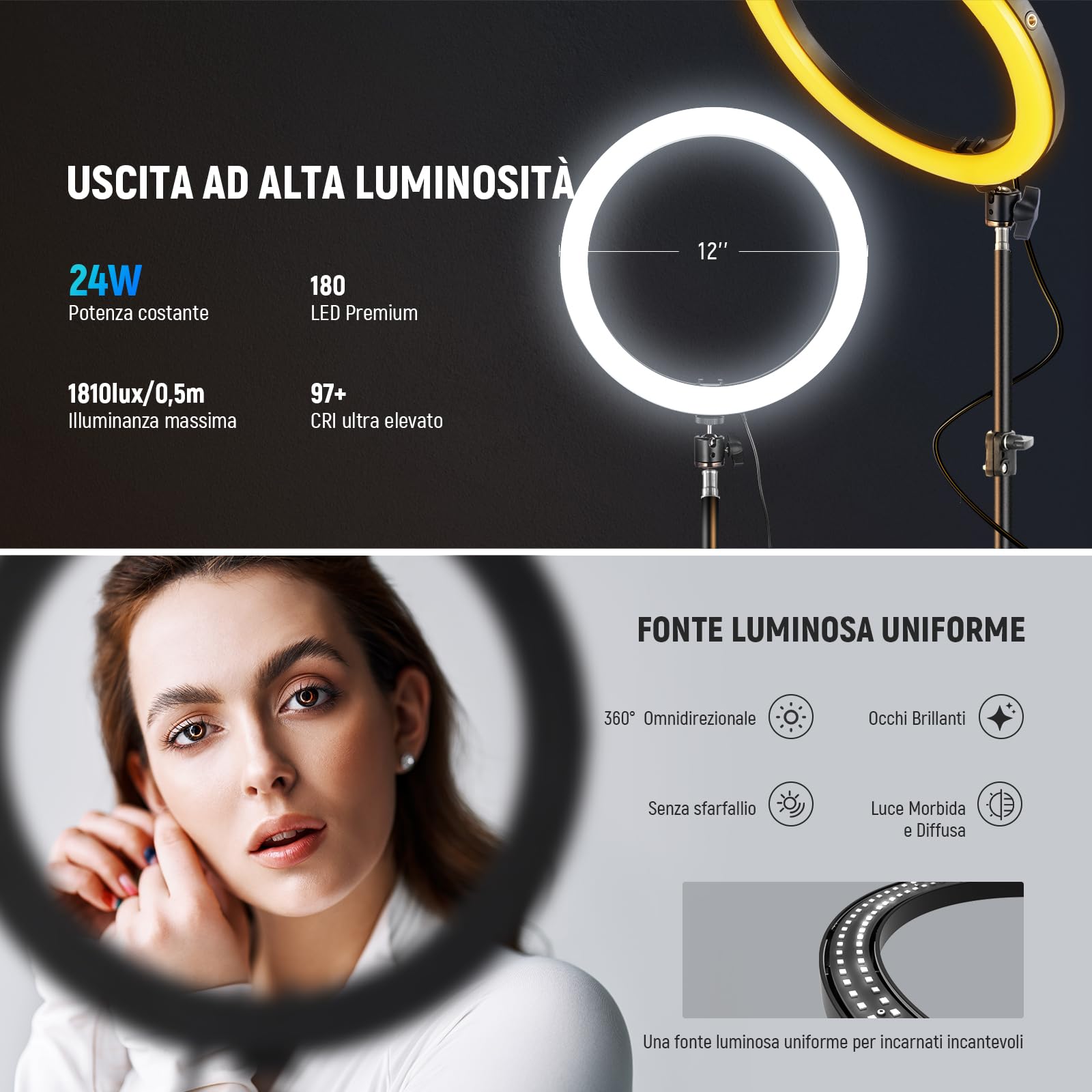 NEEWER LED Ring Light 24W 30cm z Treppiedem, Bicolore 2900-7000K, PD USB C, CRI97+, 1810lux/0,5m, RH12B K2