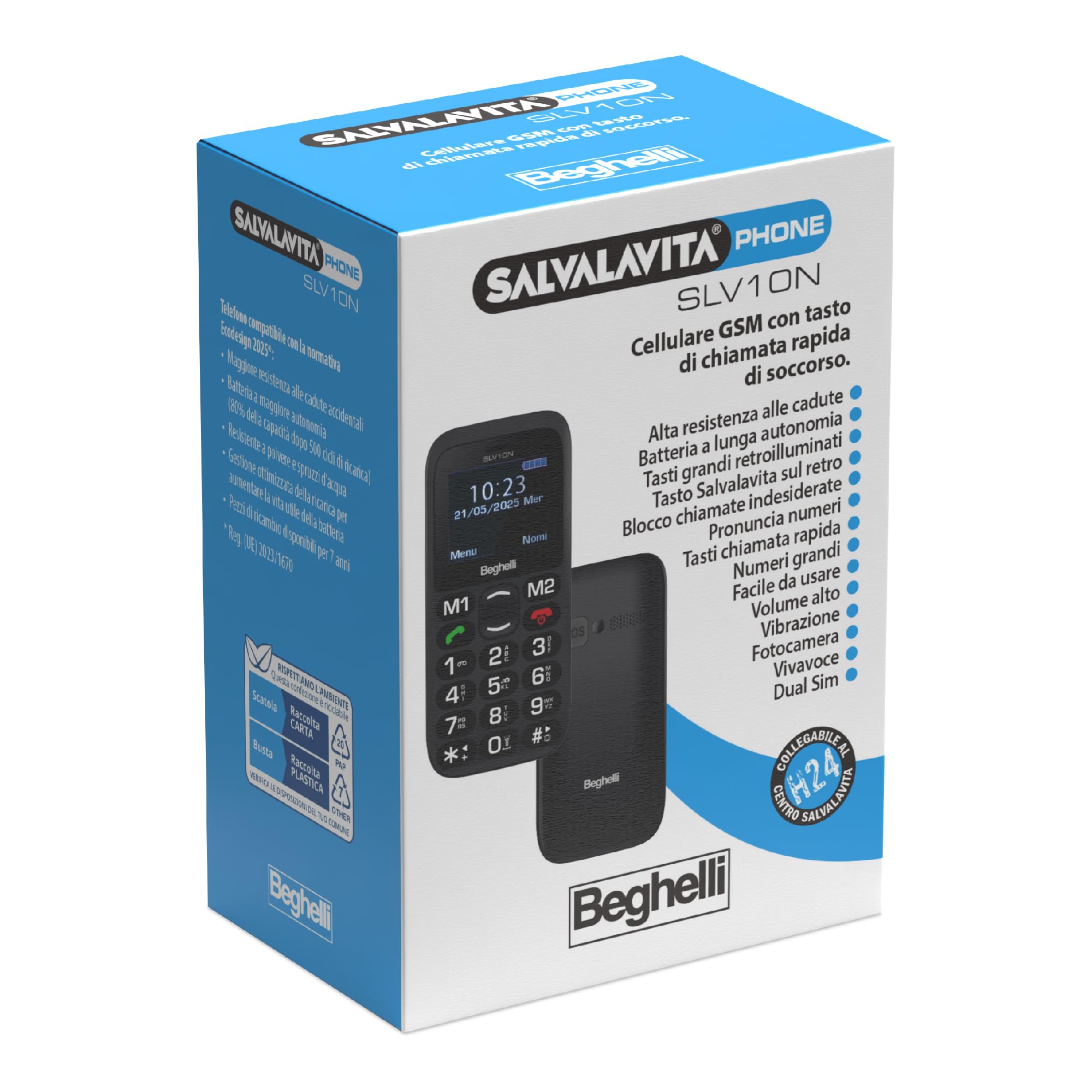 Beghelli - Telefono Salvalavita SLV10N per Anziani, gsm con Tasto SOS, Chiamata Rapida, Grandi Tasti, Volume Alto, Display 1.77", Dual SIM, Facile da Usare, Leggero, Multifunzione