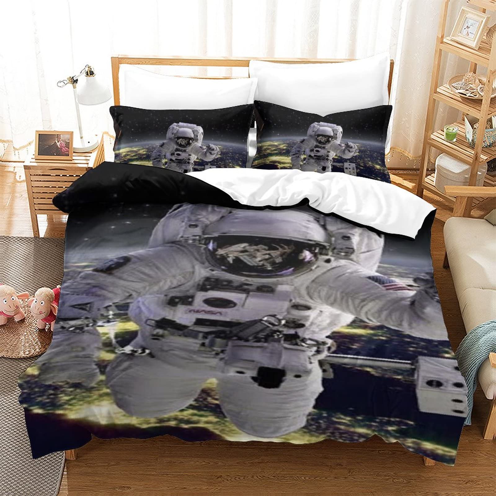 Housse de couette espace astronaute 135x200 cm avec fermeture éclair en microfibre