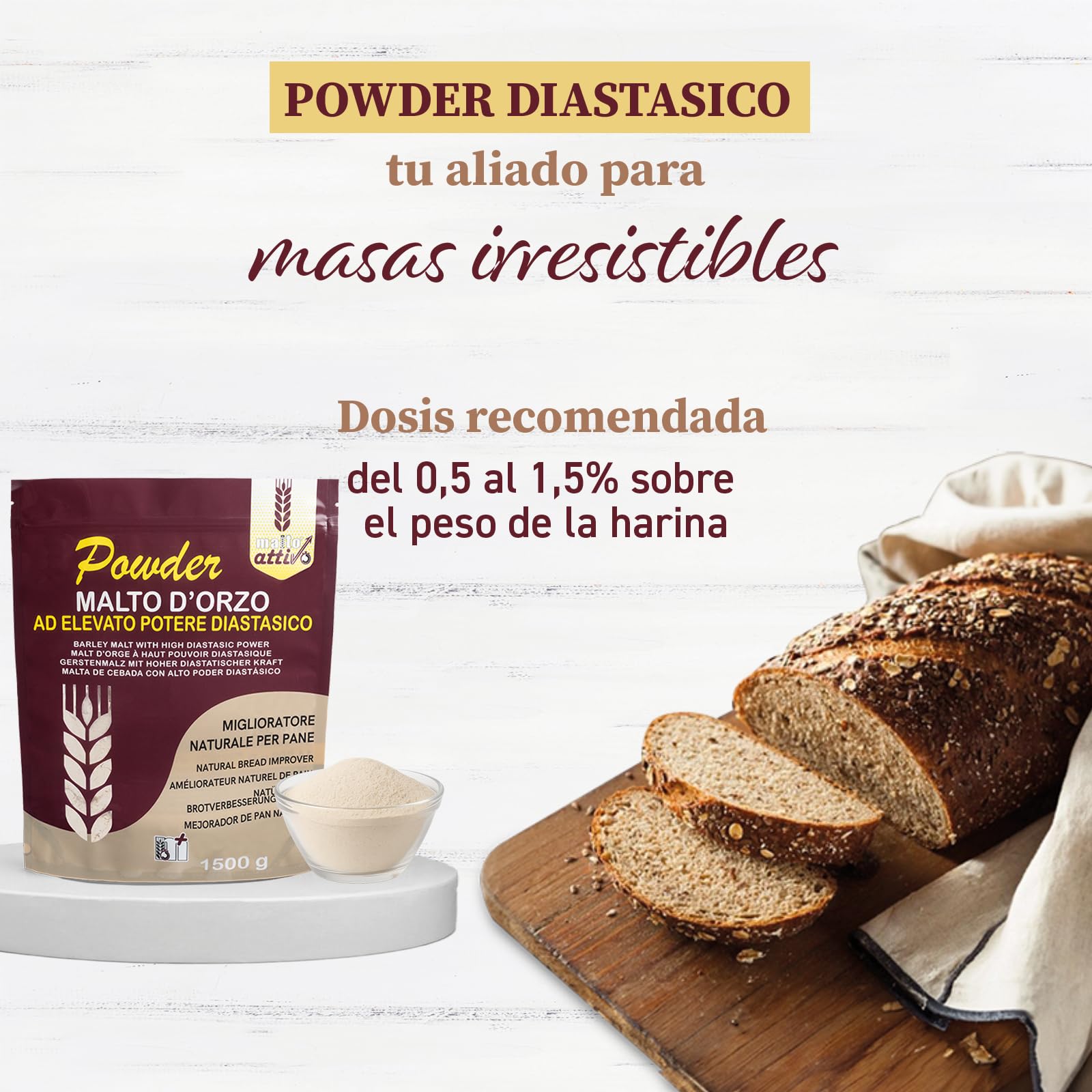 Malto Attivo Powder 1.5 kg Harina de Malta de Cebada Diastásica para Panificación 14.000 Unidades Pollak Made in Italy