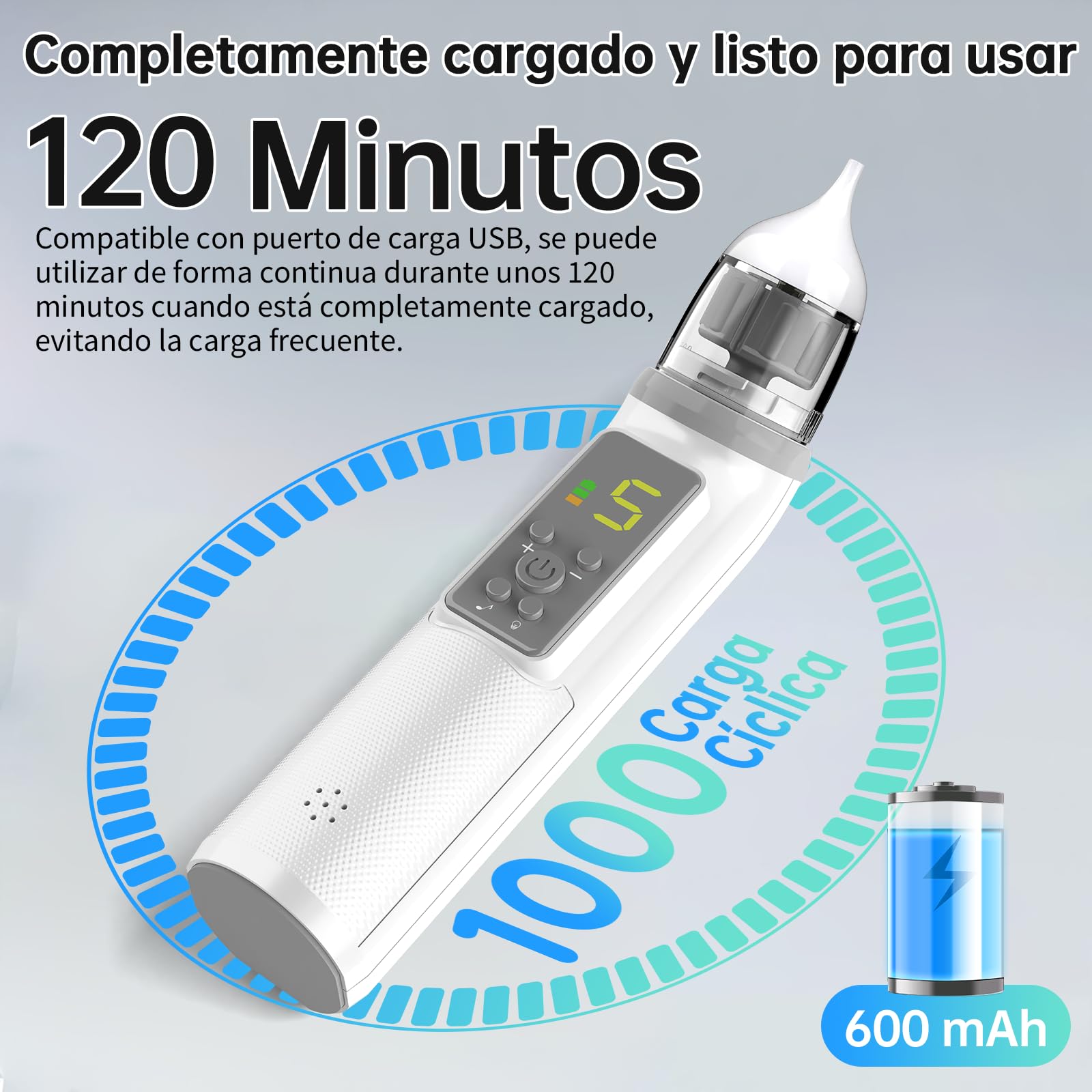 Aspirador Nasal para Bebés, Aspirador Nasal Eléctrico para Bebés con 5 Niveles de Succión, 3 Niveles de Succión Ajustable, Función de Música y Luz Calmante, Recargable, Ruido Bajo — view 7