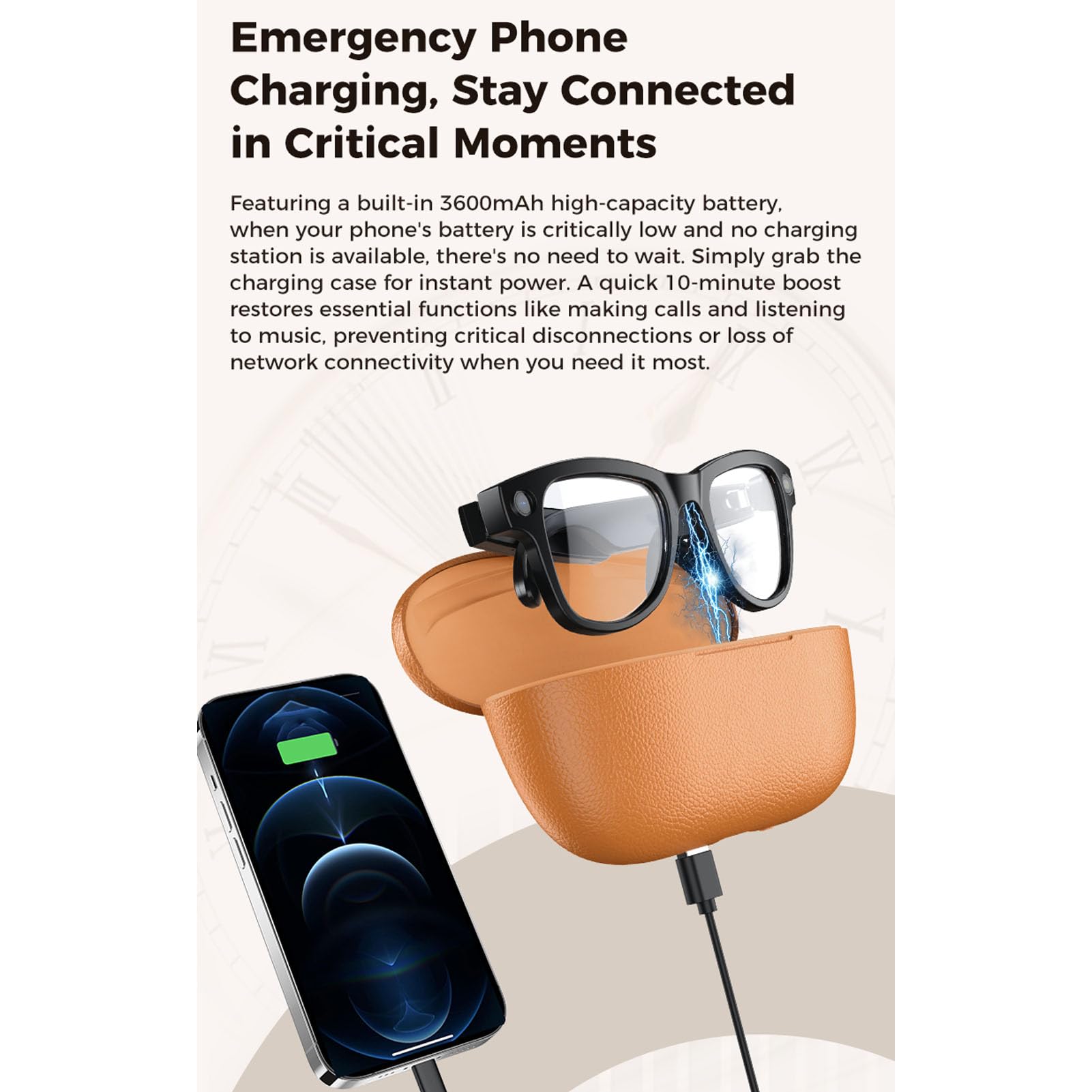 ASHATA Occhiali Intelligenti AI con Fotocamera e Bluetooth, Occhiali per Fotocamera HD da 8 MP, Traduzione Intelligente in Tempo Reale, 3600 MAh, Impermeabili, per Viaggi (Custodia di ricarica nera)