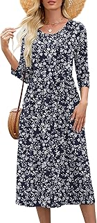 Women's Casual 3/4 Sleeve Midi Dress Crewneck A Line Tiered Flowy Loose Travel Long Dresses with Pockets