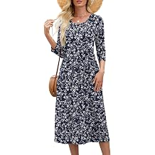 Heymoments Womens Casual 3/4 Sleeve Midi Dress Crewneck A Line Tiered Flowy Loose Travel Long Dresses with Pockets