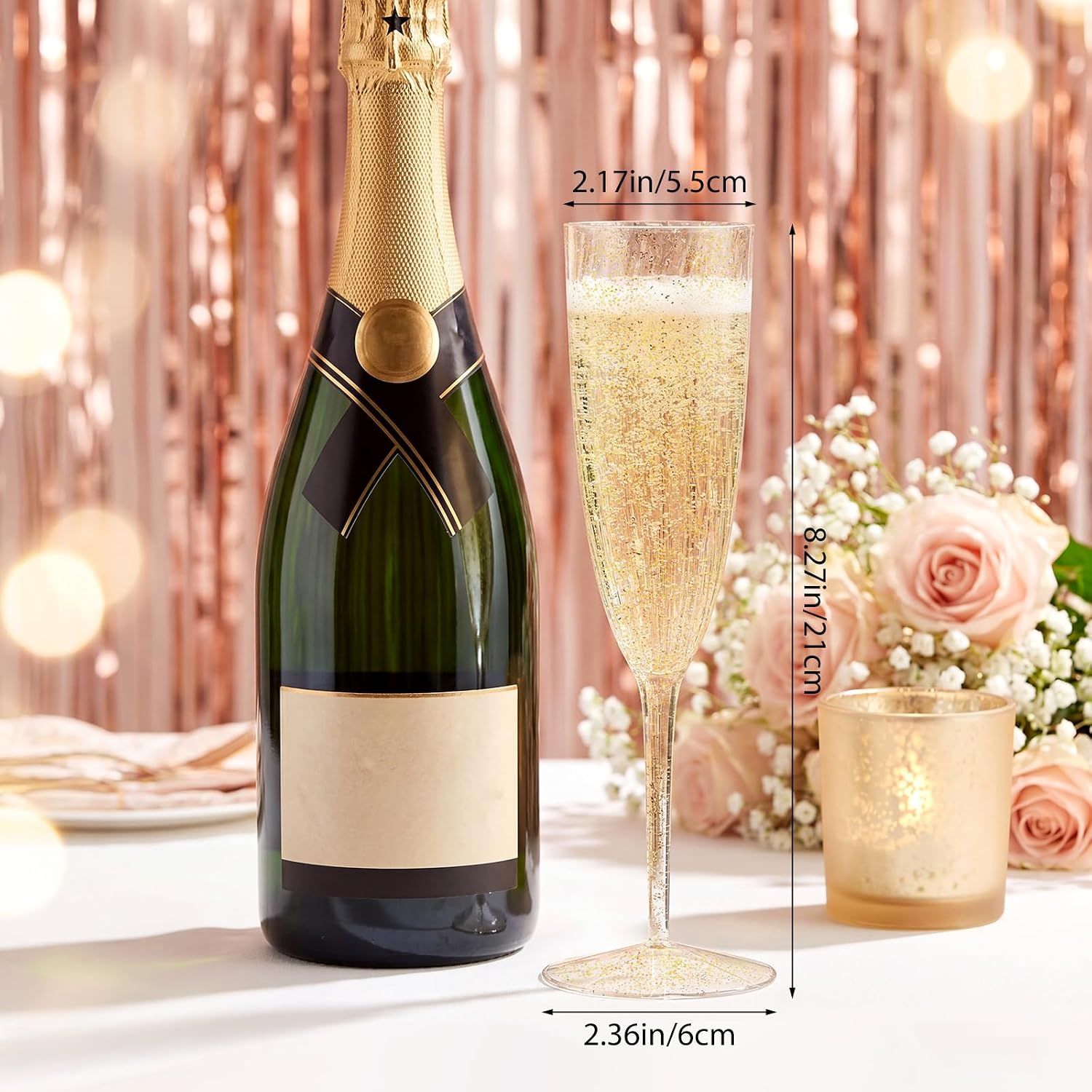 Sliner 24 Pack Gold Glitter Plastic Champagne Flutes, 6oz Disposable Unbreakable Break Resistant Stemmed Toasting Glasses, Multipurpose Mimosa Cups for Wedding, Bridal Shower, Birthday, Party