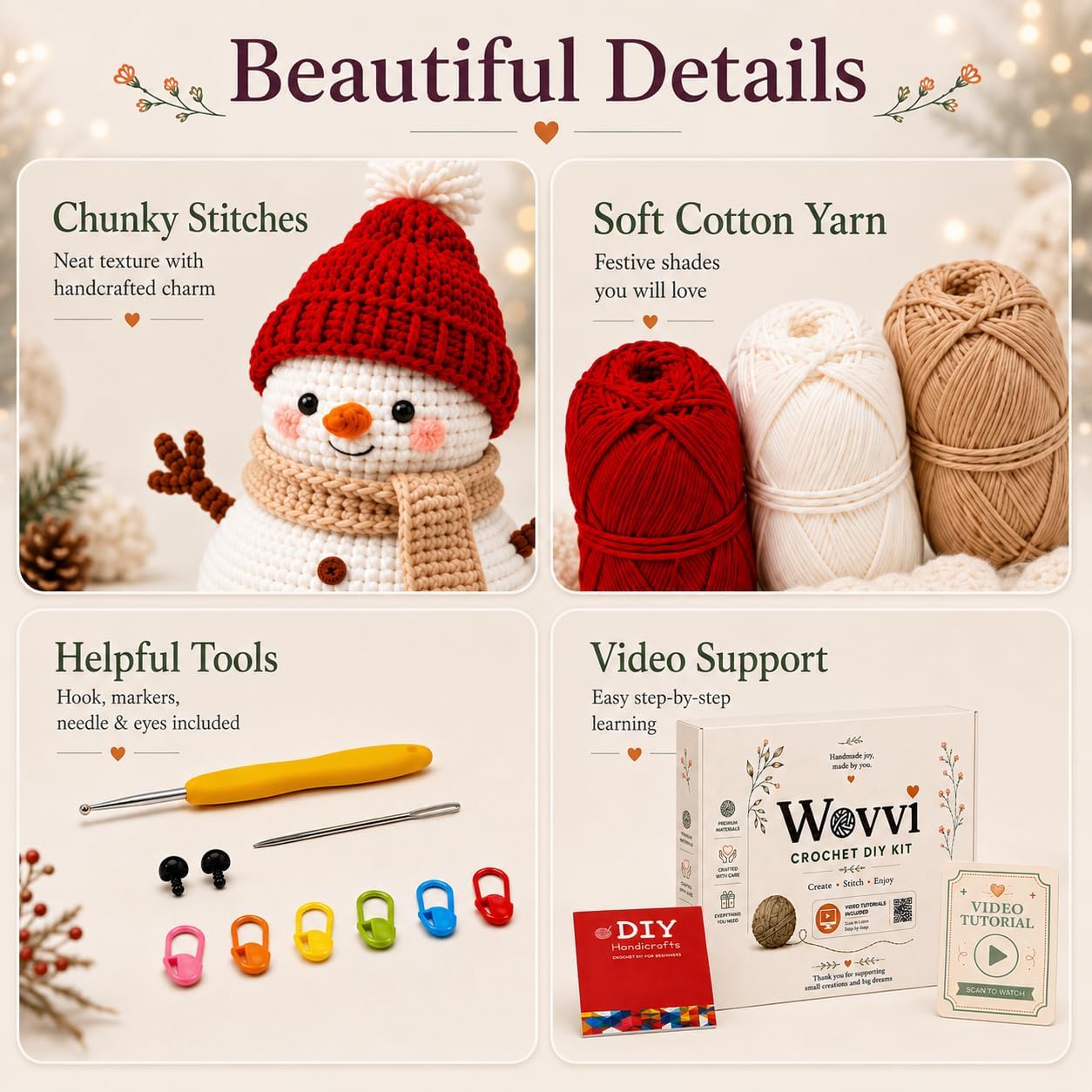 Wovvi Beginner Crochet Kit, DIYChristmas Snowman Crochet Kit, Handmade Gift