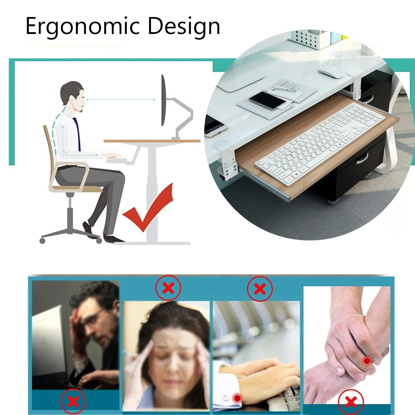 Ergonomiczna taca na klawiaturę pod biurko z regulowanym podłokietnikiem, półka, zacisk na wysuwanej platformie, do biura i organizerów przestrzeni roboczej, wykończenie orzechowe, 55 x 30 cm (22 x 12