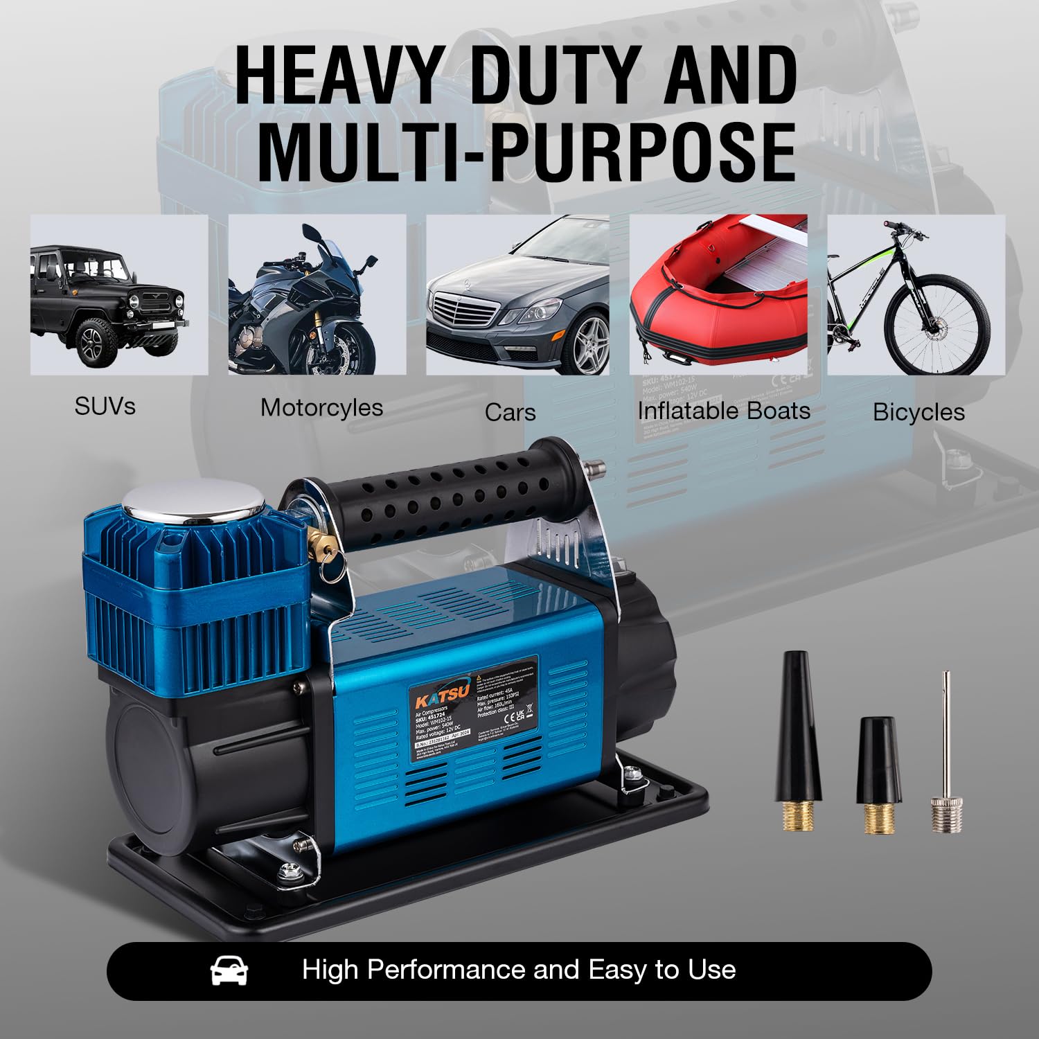 KATSU Tools Profesional Inflador de Neumáticos de Coche, 150 PSI 12V 45Amp Portátil Gran Volumen Bomba de Neumáticos de Compresor de Aire para 4WD Auto Van Camiones Inflables