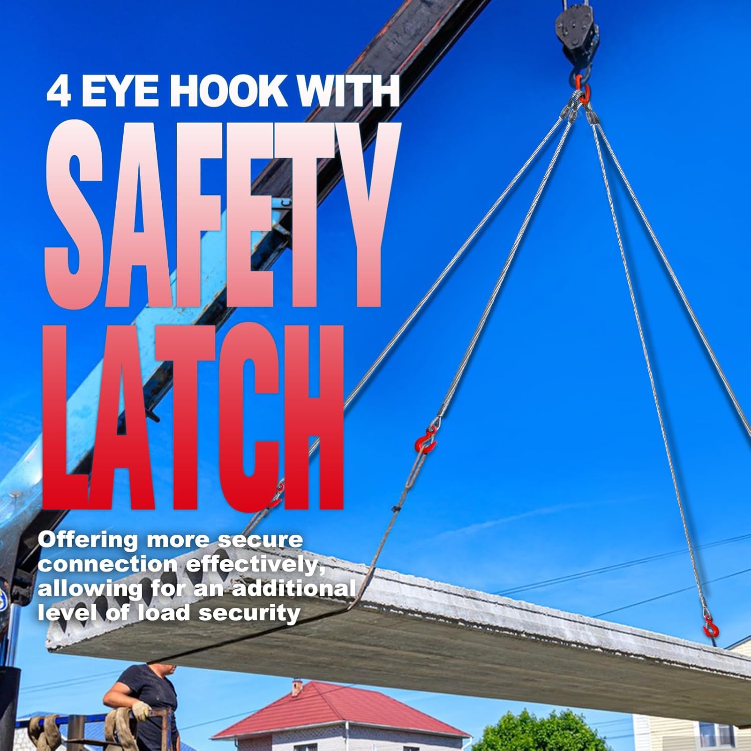 4 Leg Bridle Wire Rope Slings 2.2T, 1/4"x3' Lifting Cable Sling Rope, 4850lb Vertical Rated, Eye Hooks with Safety Latches, Heavy Duty Rigging Cable with Sling Hooks for Lifting & Towing - Image 5