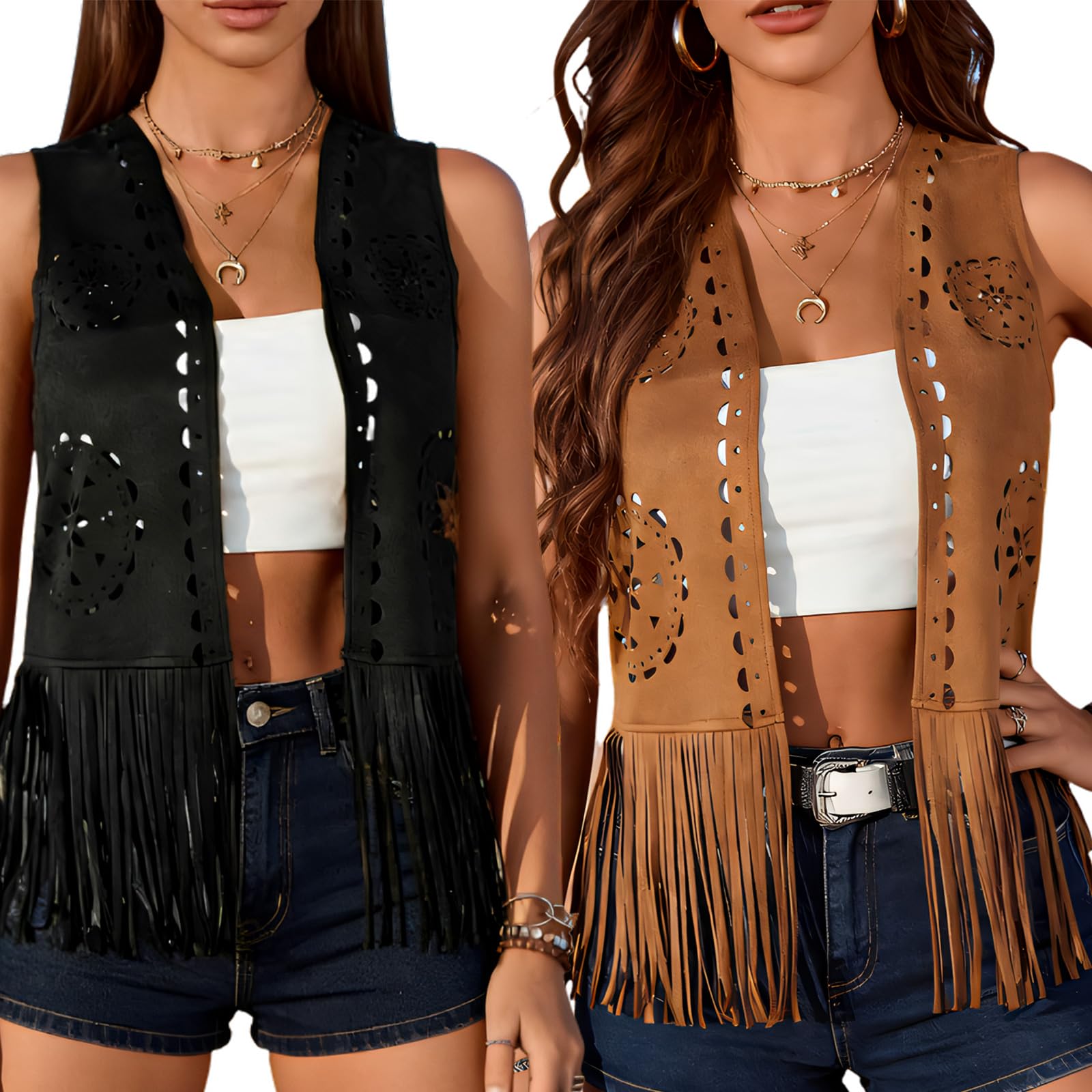 Donne ' s Moda Frange Vest Design Traspirante Retro Hippie Outwear Senza Maniche per Abiti Quotidiani Damen Fransenweste Gilet