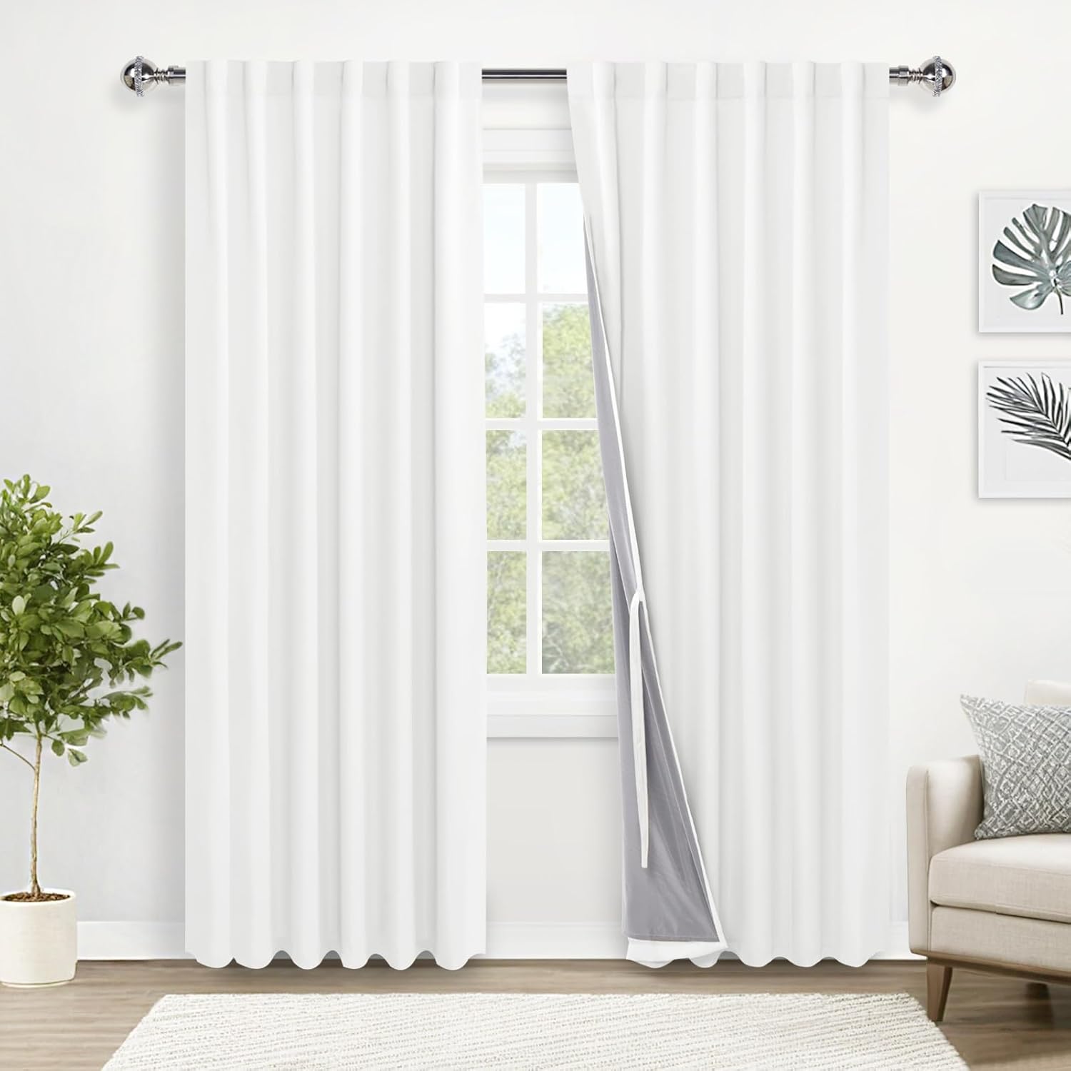 XWZO 100% Blackout Curtains 2 Panels with Tiebacks- Heat and Full Light Blocking Window Treatment with Black Liner for Bedroom/Nursery, Rod Pocket & Back Tab, Ivory, W52 x L84 Inches Long, Set of 2