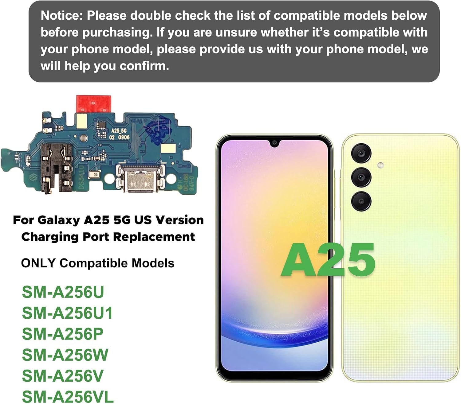 Charging Port Replacement Kit Compatible with Galaxy A25 5G US Version, Dock Board USB-C Connector Only for A25 SM-A256U/U1/E, with Instruction Manual, Toolkit