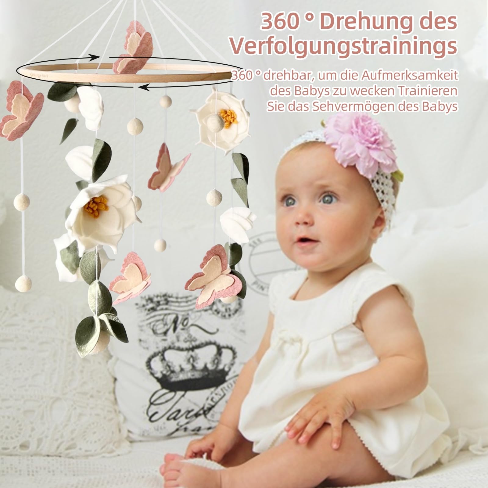 Baby Mobile - Blumen Schmetterlingen Baby Windspiele für Babybett, Mobile Baby Wickeltisch Mobile Babybett, Kinderzimmer Babyzimmer Deko, Geschenk für Baby Jungen und Mädchen