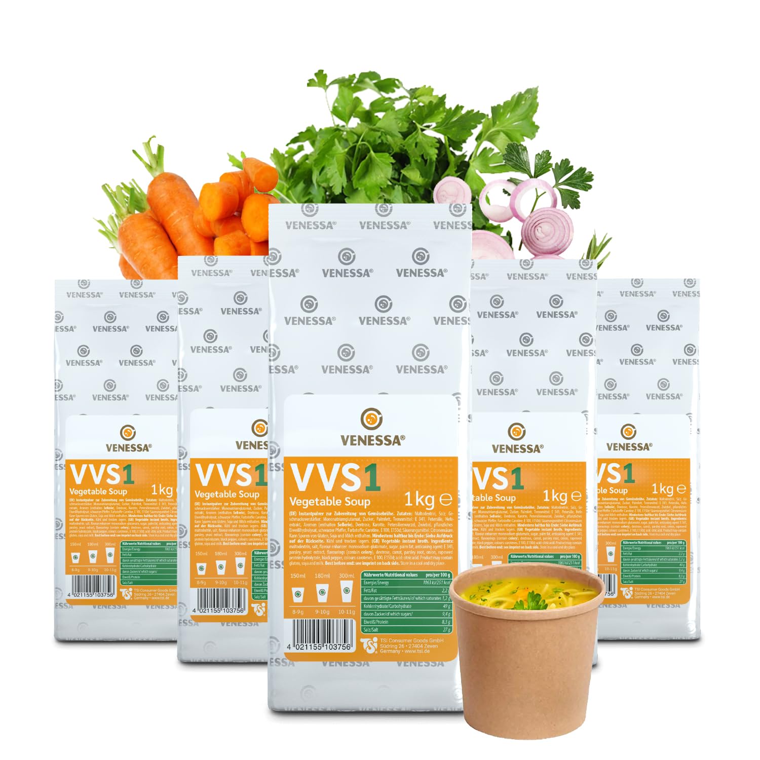 VENESSA VVS1 Sopa vegetariana de 5 x 1 kg, sopa de verduras vegetariana sin grumos, paquete de almacenamiento para todas las máquinas expendedoras