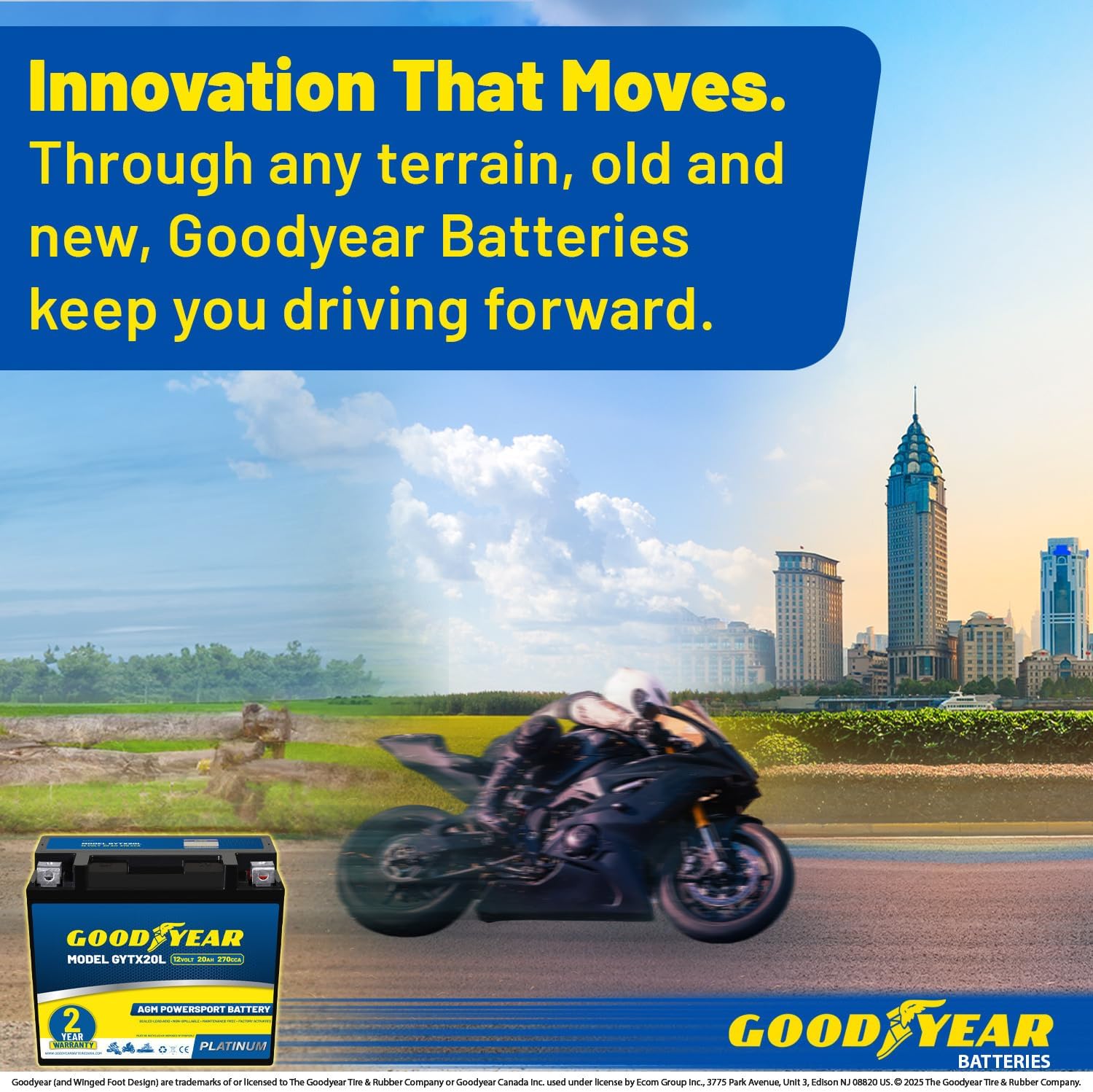 Goodyear GYTX20L - 12 Volt 20 AH, 270 CCA, Rechargeable High-Performance, Maintenance Free, SLA - AGM Battery for Motorcycle, ATV, UTV, Scooter, Snowmobile, Motorbike and more!