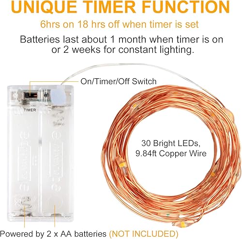 Miniatura 2 de innotree Paquete de 6 luces LED de hadas que funcionan con pilas con temporizador, 10 pies, 30 luces LED de alambre de cobre, mini luces
